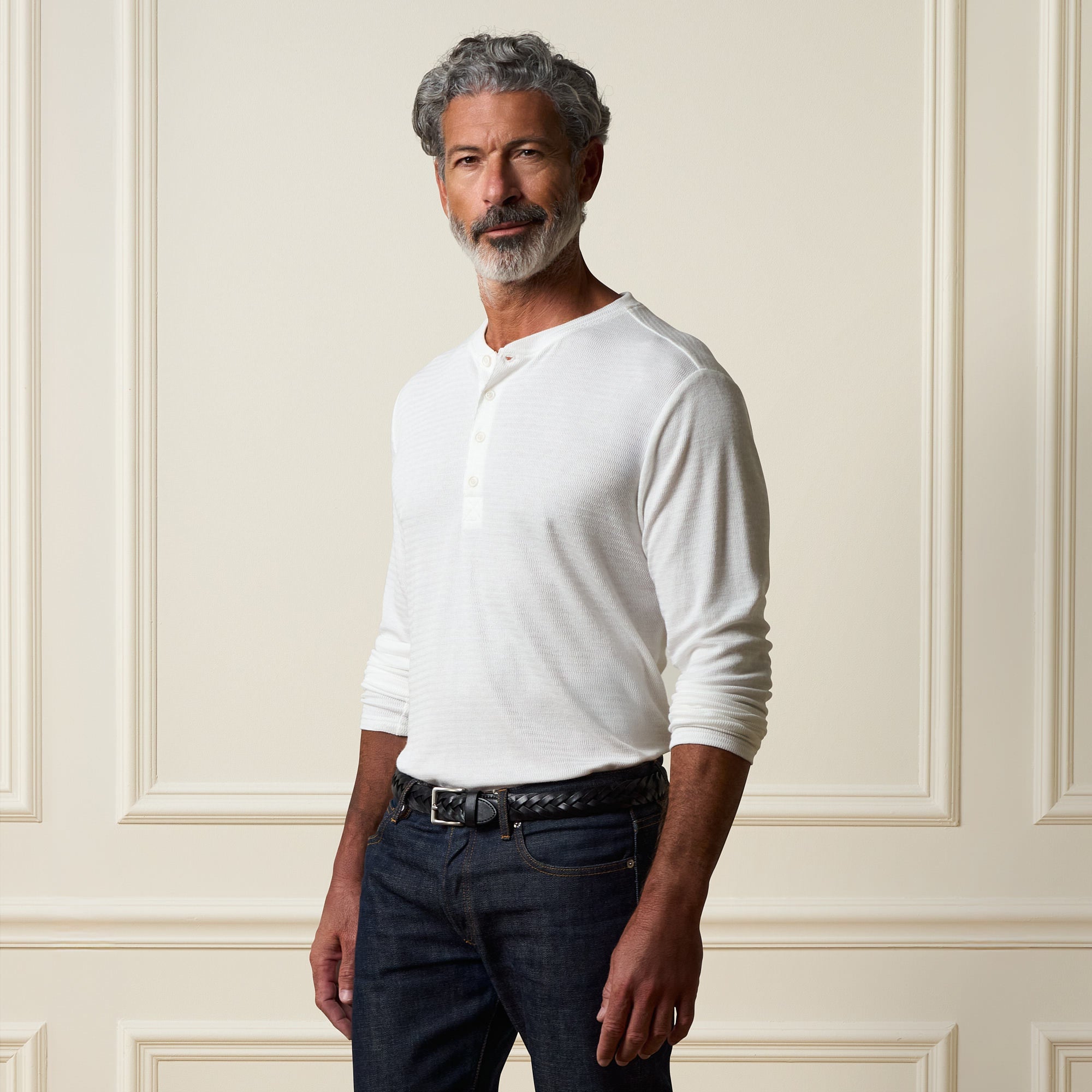 Long Sleeve Crinkle Henley in White