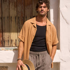 Short Sleeve Cotton Linen Airtex Shirt in Biscuit