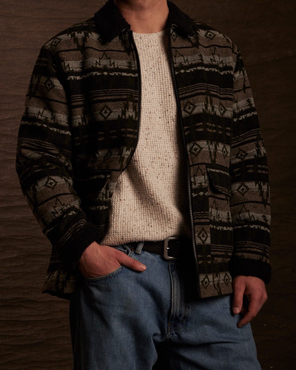 Berber Lined Southwest Rancher Jacket in Olive Black