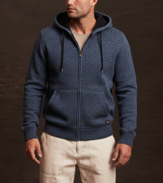 Hooded Lined Sweater Jacket in Denim Tweed