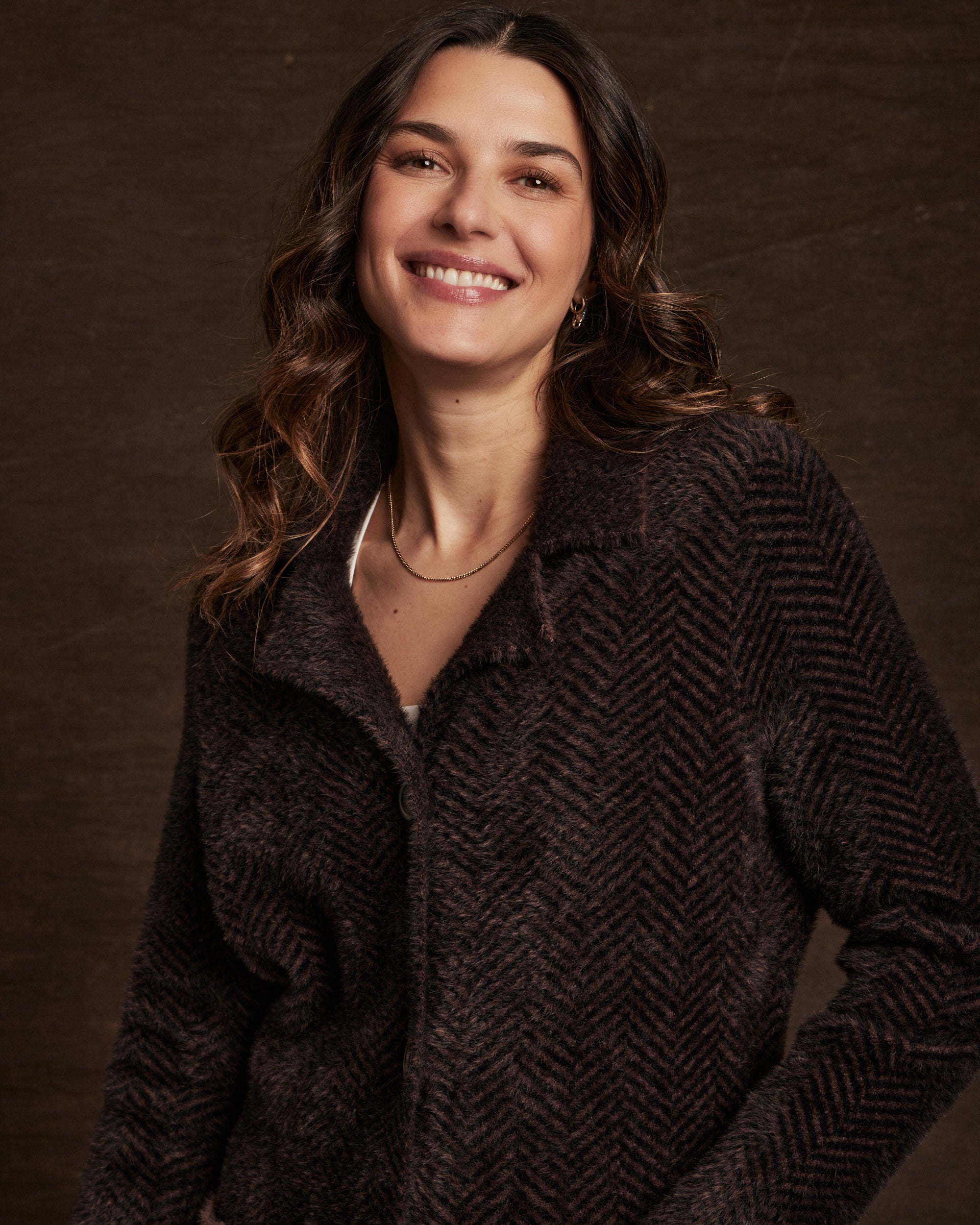 Women's Plush Herringbone Coatigan in Chocolate