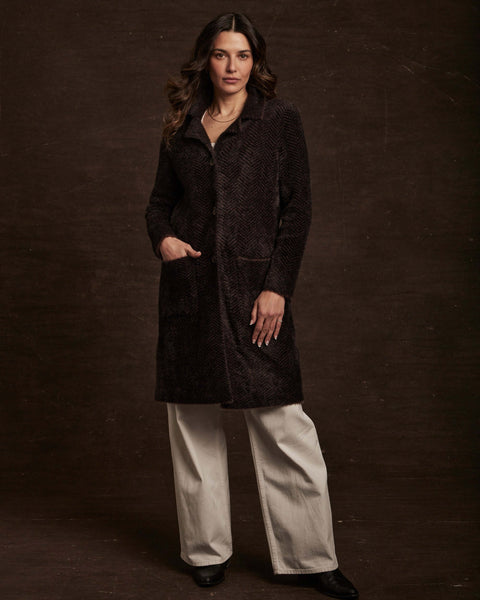 Women's Plush Herringbone Coatigan in Chocolate | Weatherproof