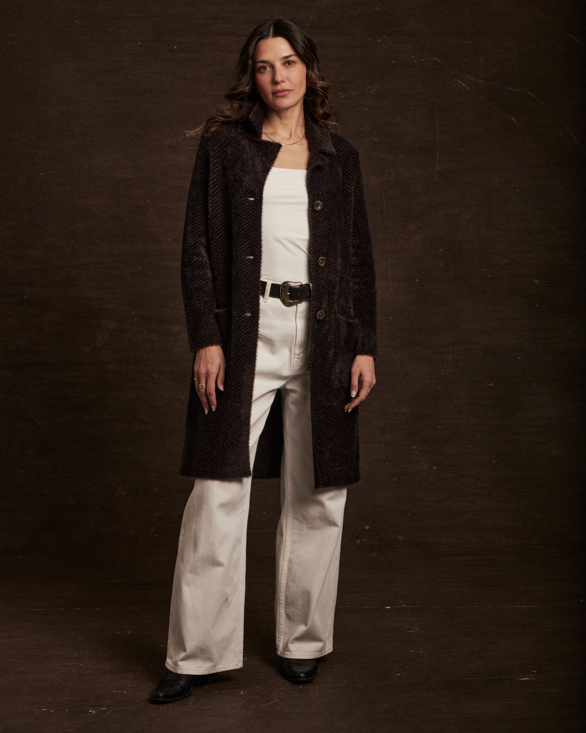 Women's Plush Herringbone Coatigan in Chocolate