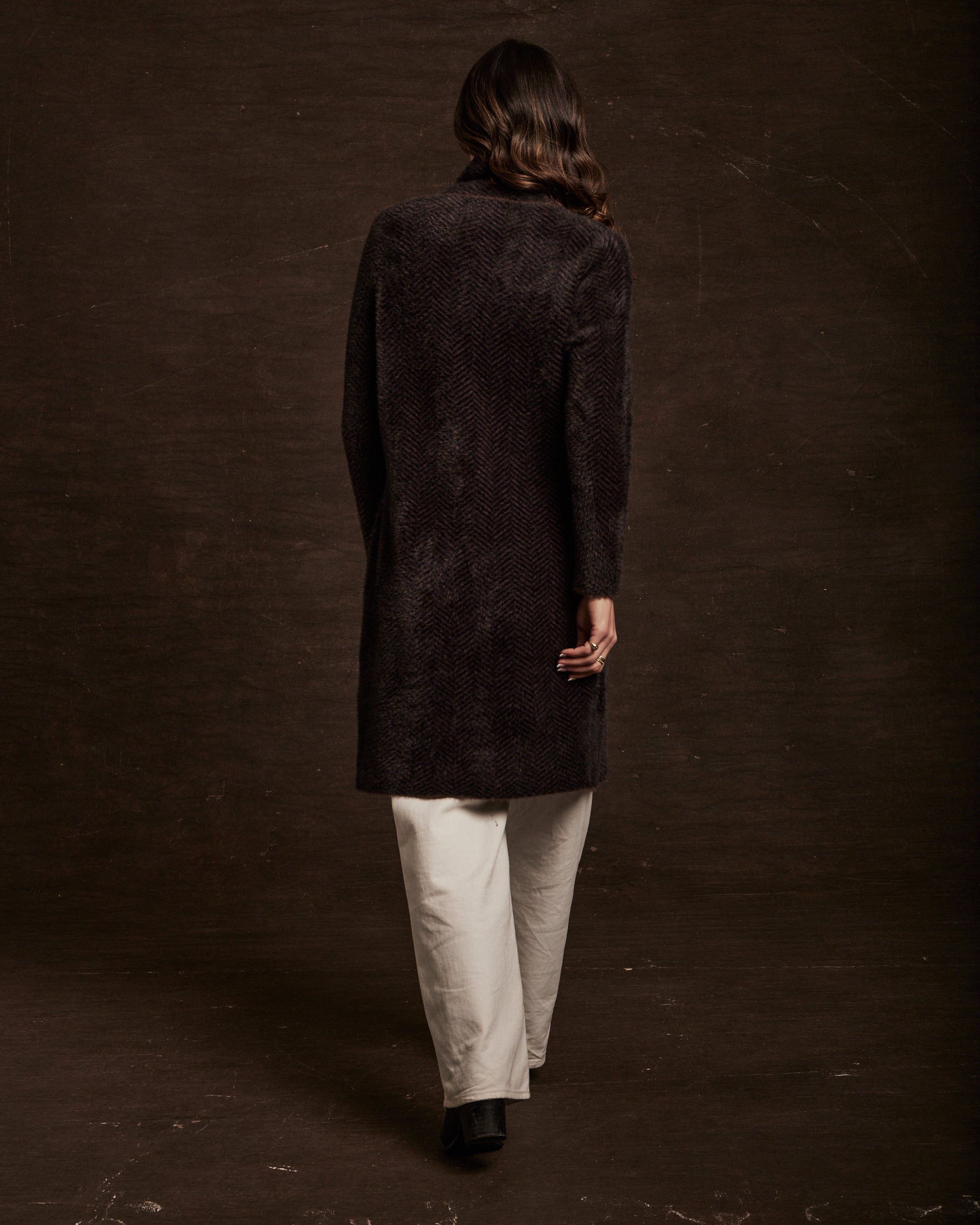 Women's Plush Herringbone Coatigan in Chocolate