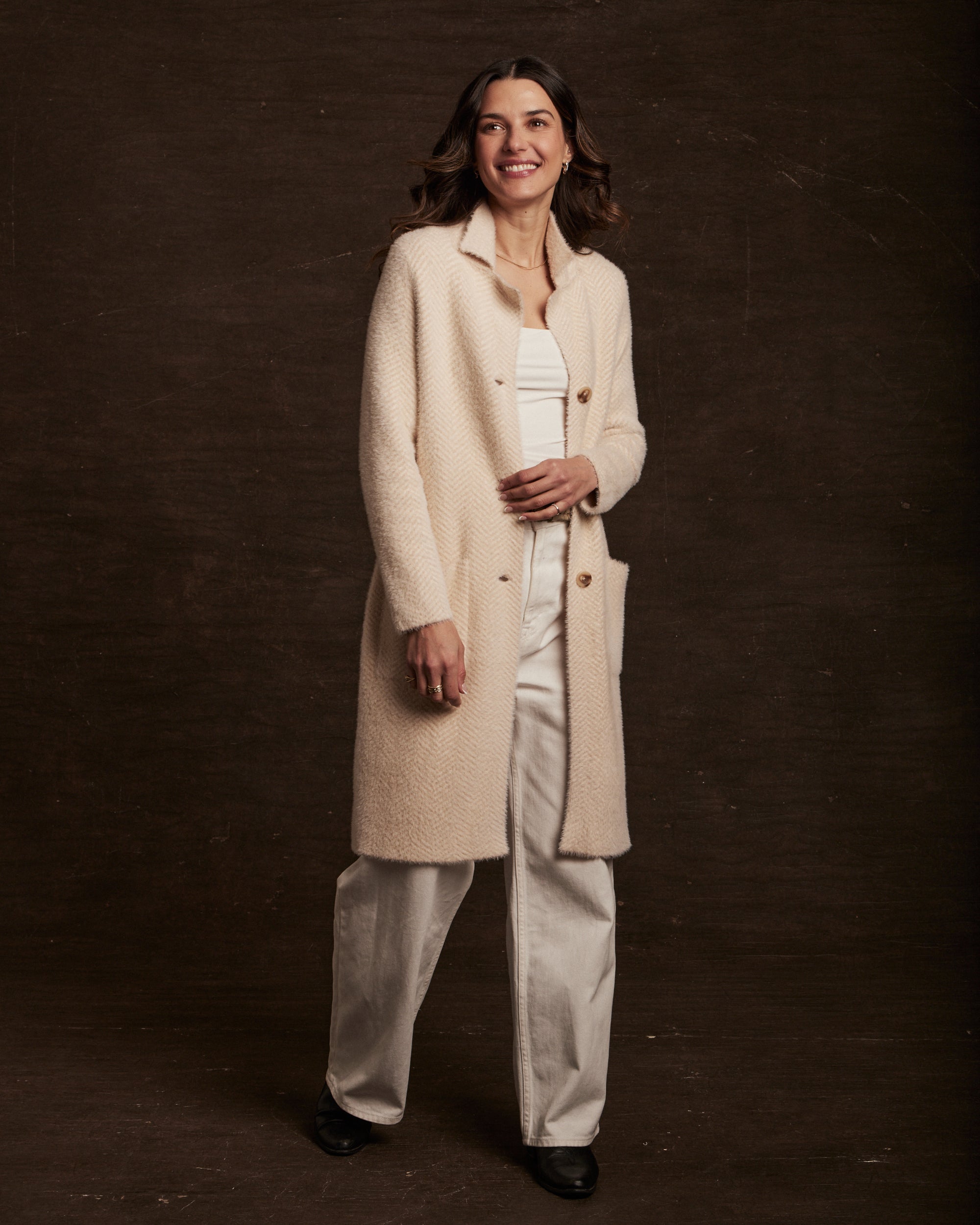 Women's Plush Herringbone Coatigan in Beige