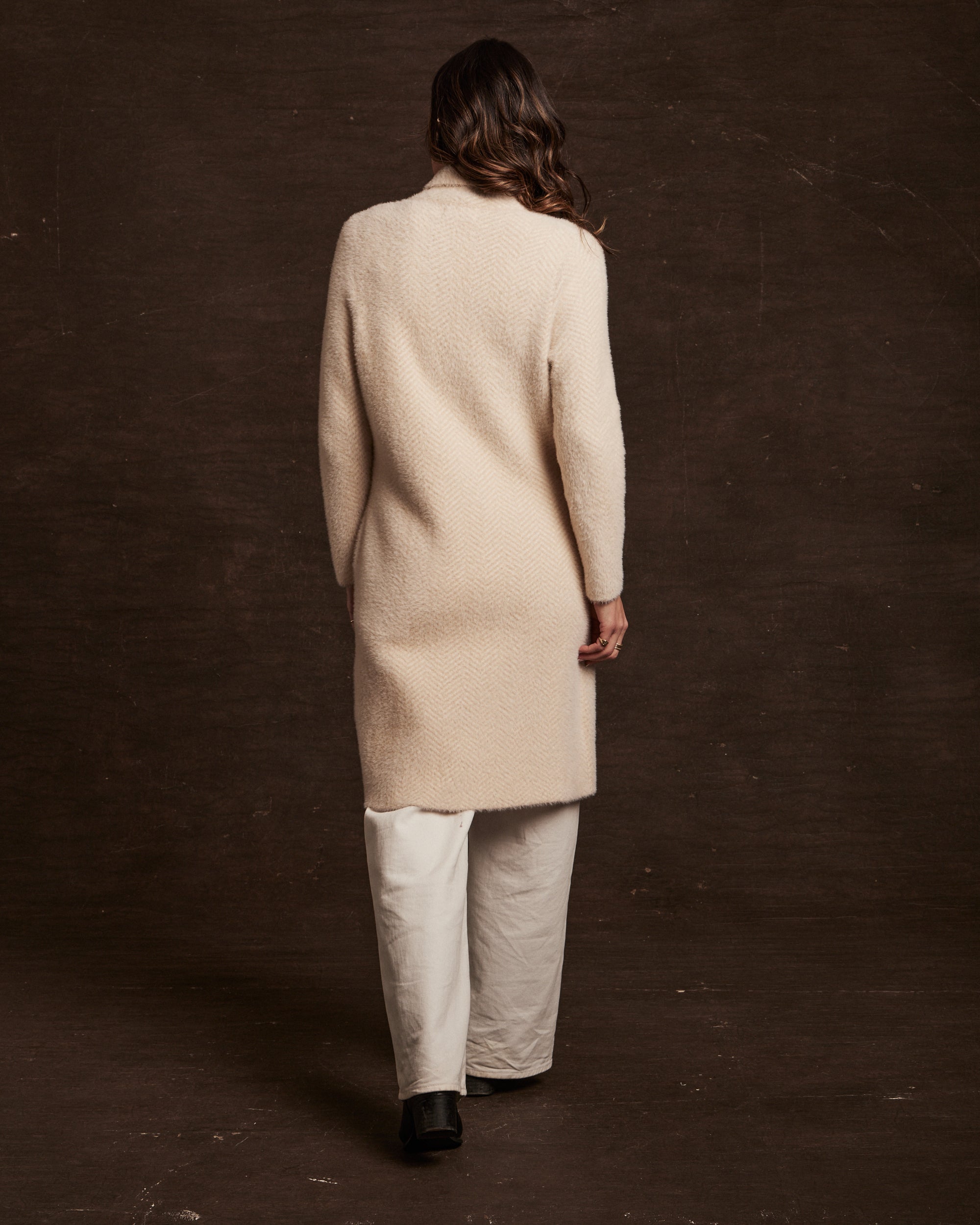 Women's Plush Herringbone Coatigan in Beige