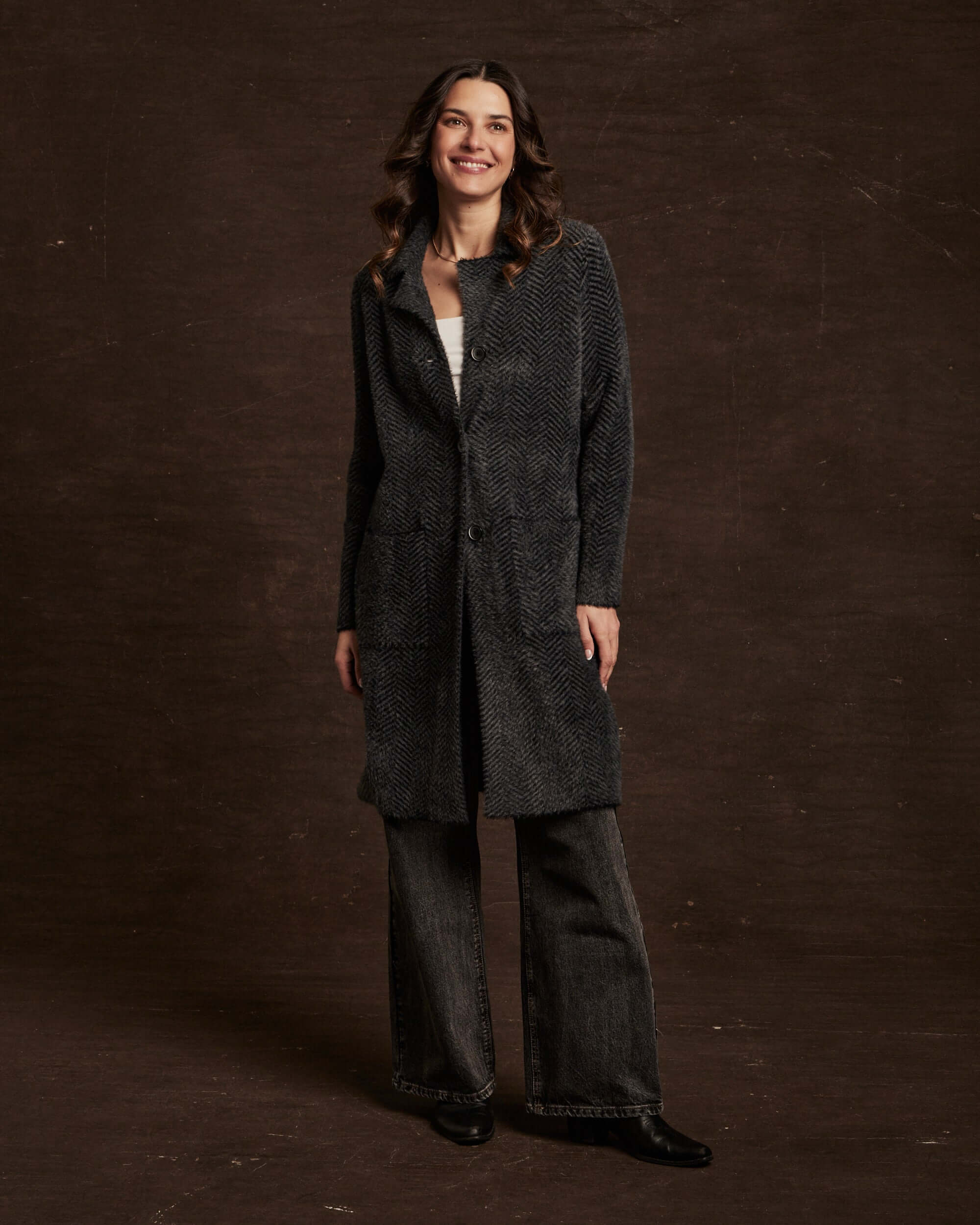 IENA ★ HERRINGBONE CLASSIC ジャケット Herringbone Coatigan in Black | Weatherproof® Vintage