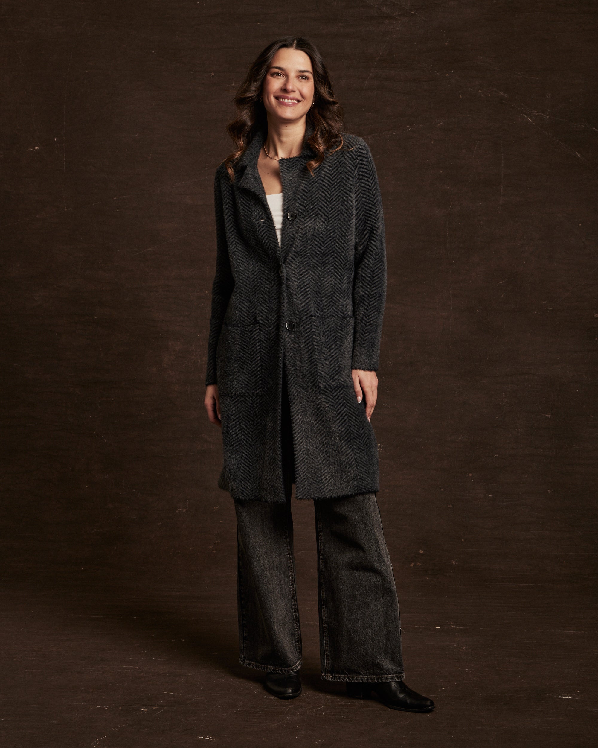 Women's Plush Herringbone Coatigan in Black