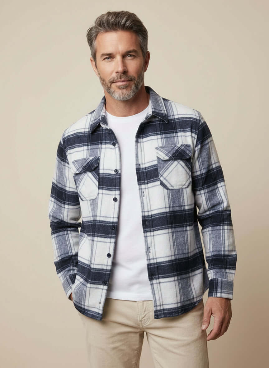 Brushed Unlined Shirt Jacket in White Plaid