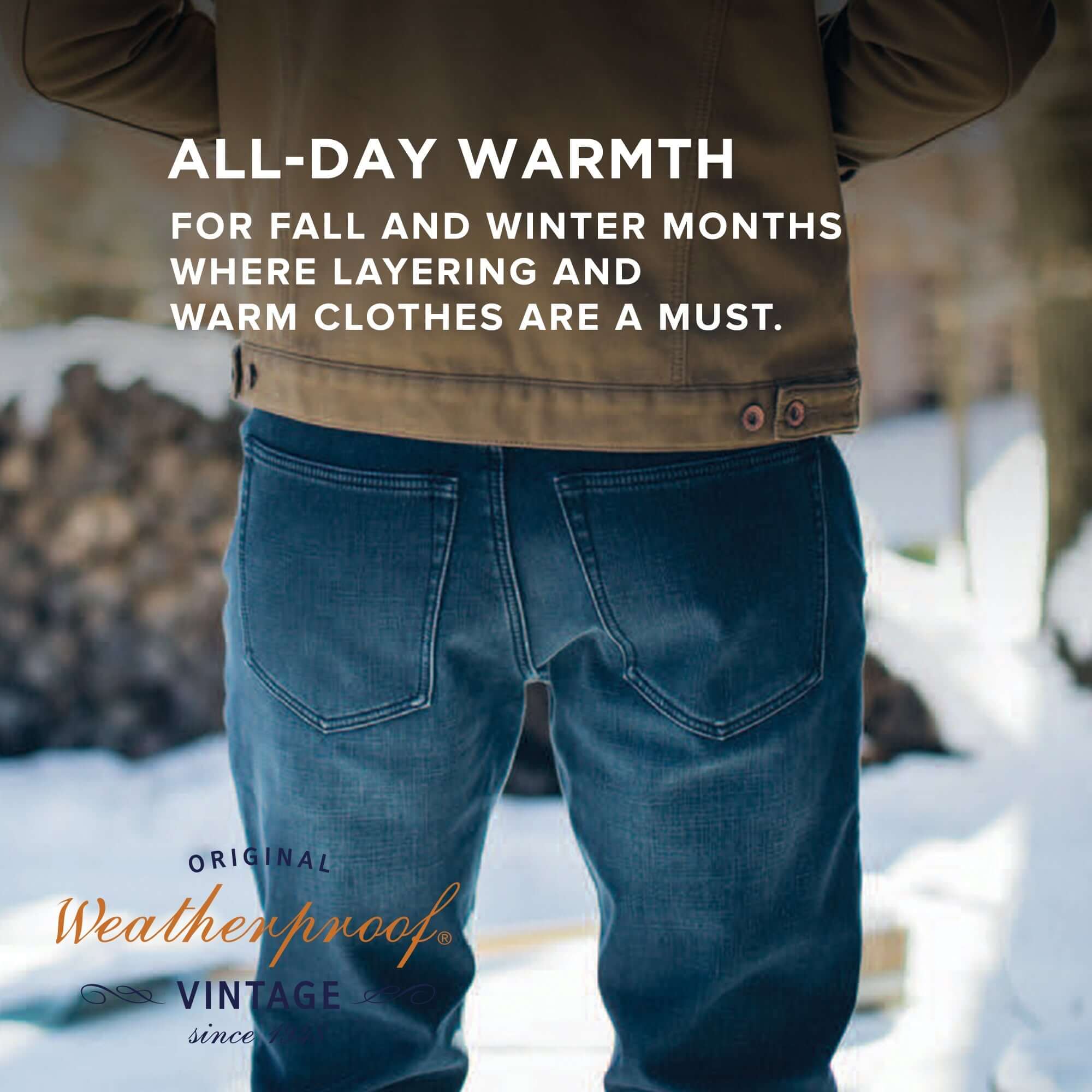 Model showcasing fleece-lined jeans, offering all-day warmth for fall and winter layering.