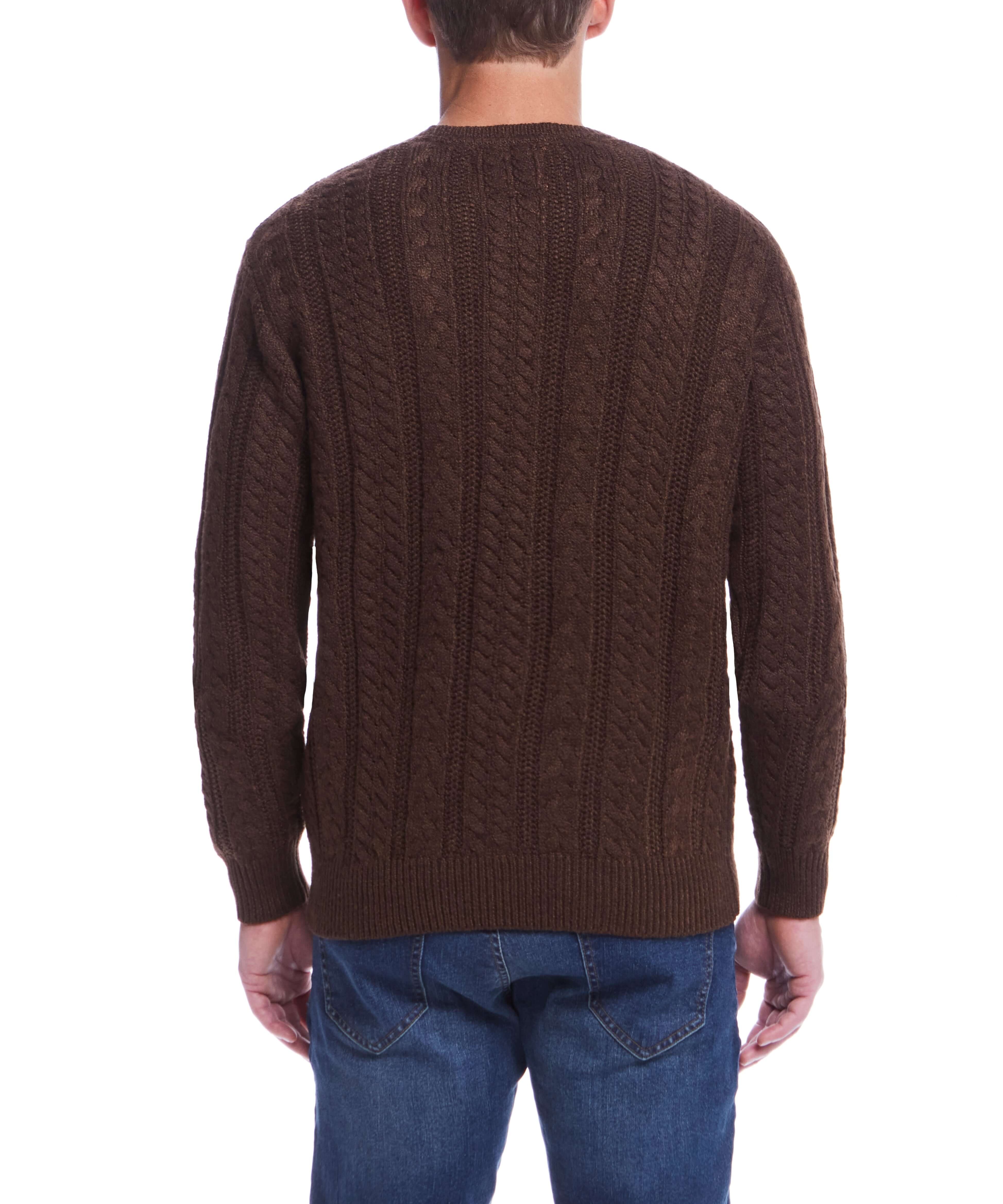 Back view of a man wearing an allover cable knit crew sweater in chicory, perfect mid-layer for cooler weather.