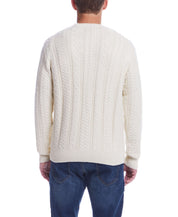 Back view of the Allover Cable Crew sweater in Whitecap, showcasing its classic cable knit design.