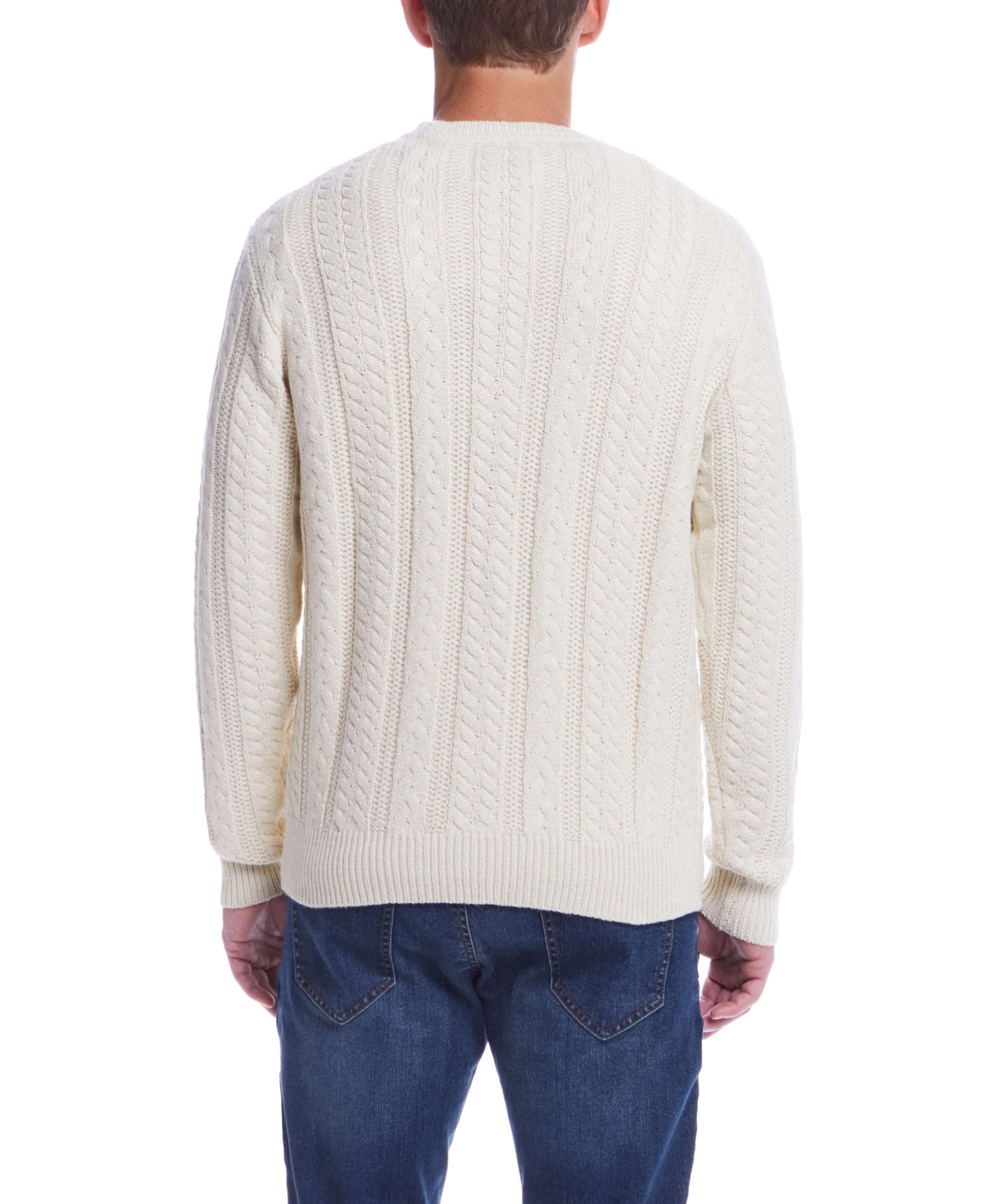 Back view of the Allover Cable Crew sweater in Whitecap, showcasing its classic cable knit design.