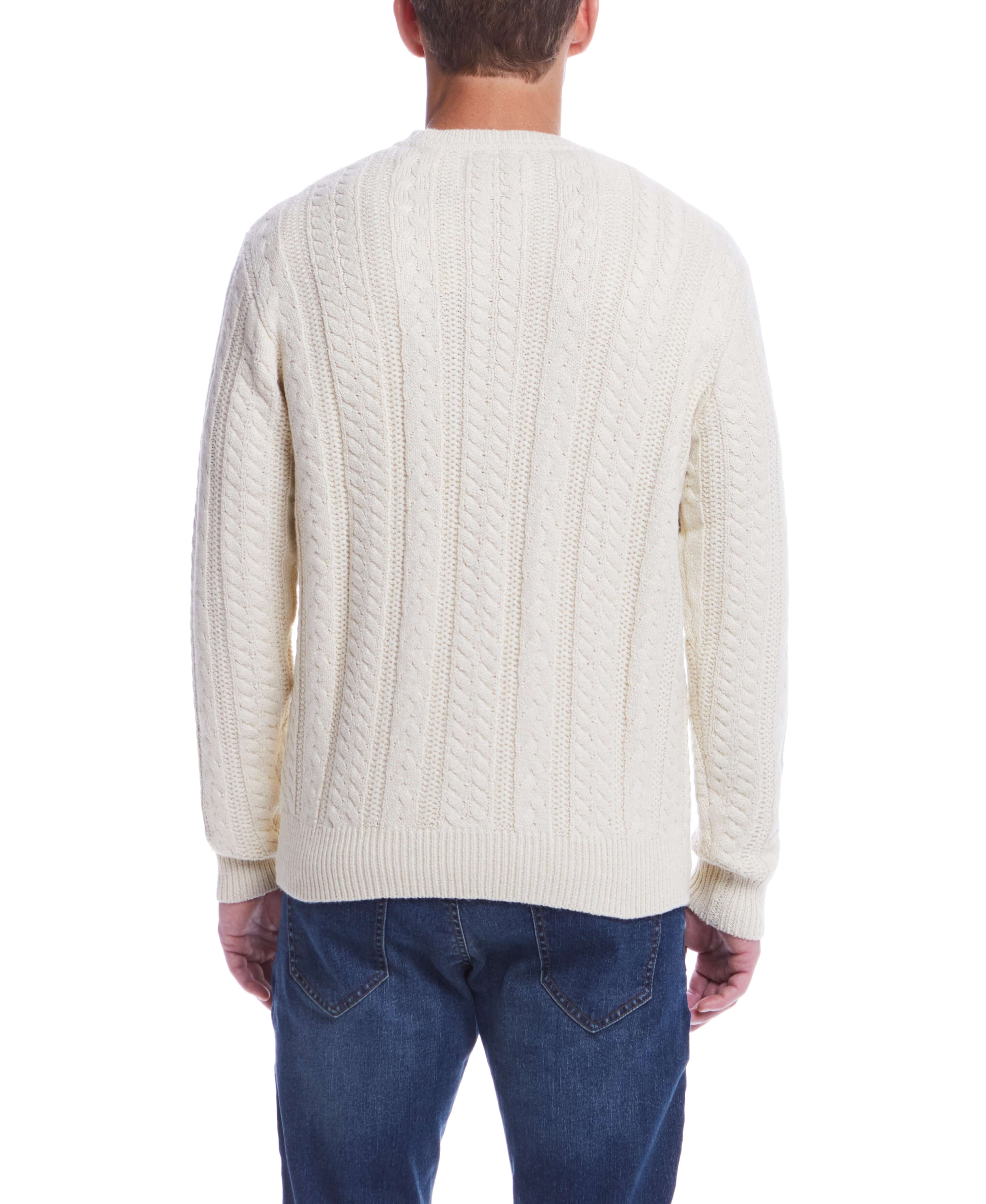 Back view of the Allover Cable Crew sweater in Whitecap, showcasing its classic cable knit design.