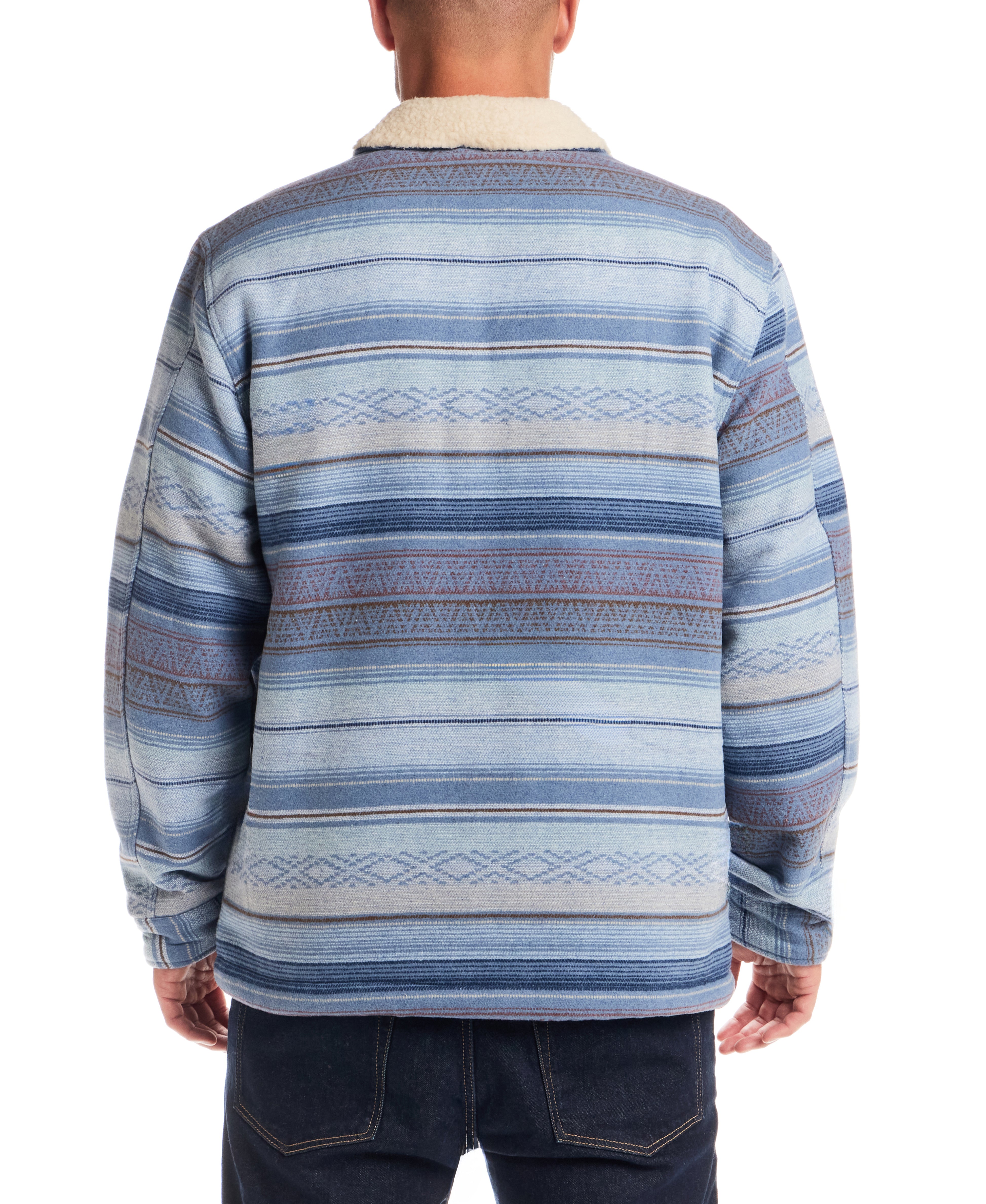 Back view of Berber Lined Southwest Rancher Jacket in Dusty Blue showcasing bold Southwest pattern.