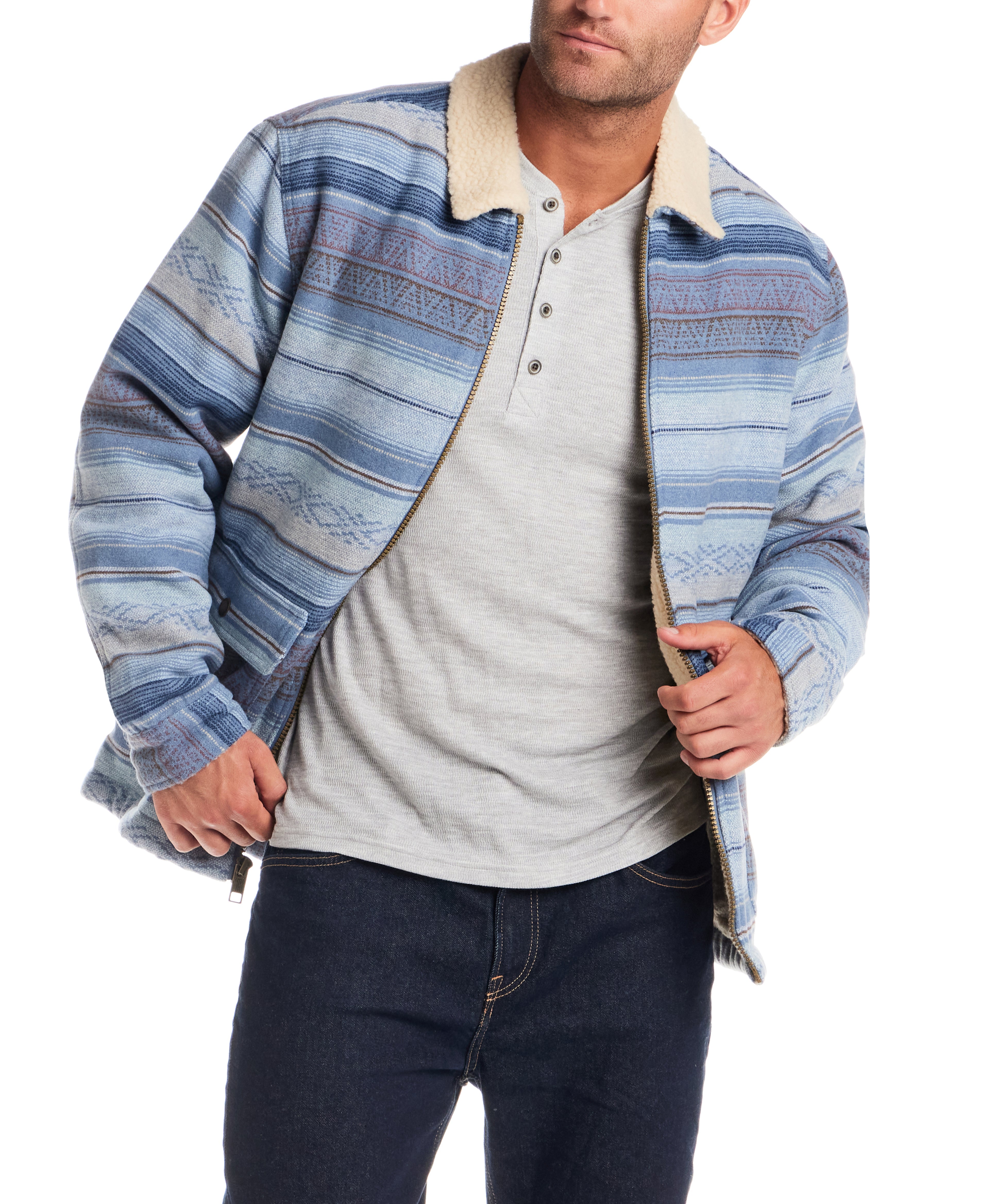 Model wearing Berber Lined Southwest Rancher Jacket in Dusty Blue with a relaxed fit and sherpa collar.