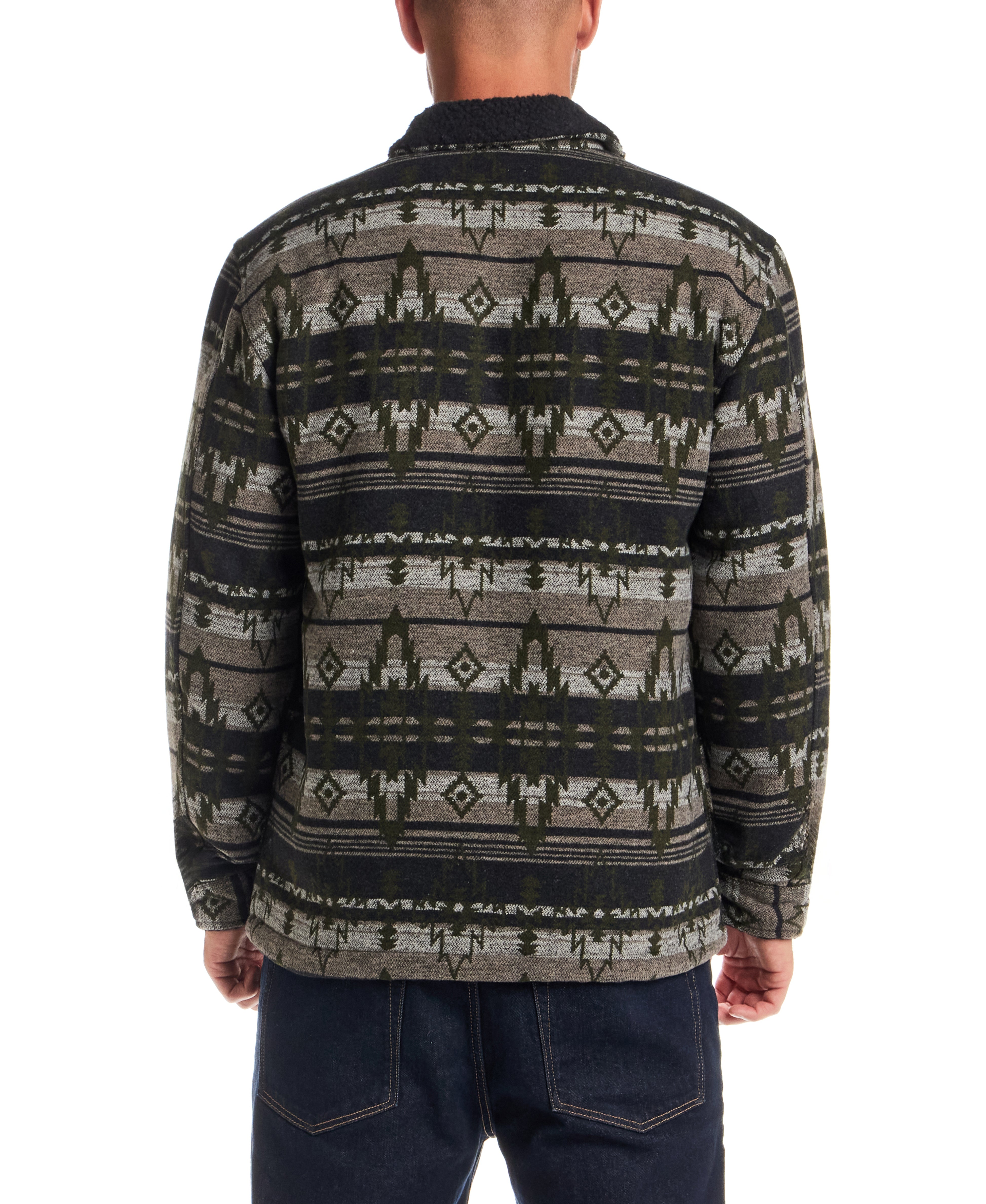 Back view of Berber Lined Southwest Rancher Jacket in Olive Black showcasing bold Southwest pattern.