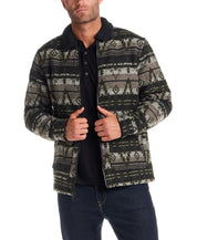 Berber Lined Southwest Rancher Jacket in Olive Black featuring bold Southwest pattern and warm sherpa-lined collar.