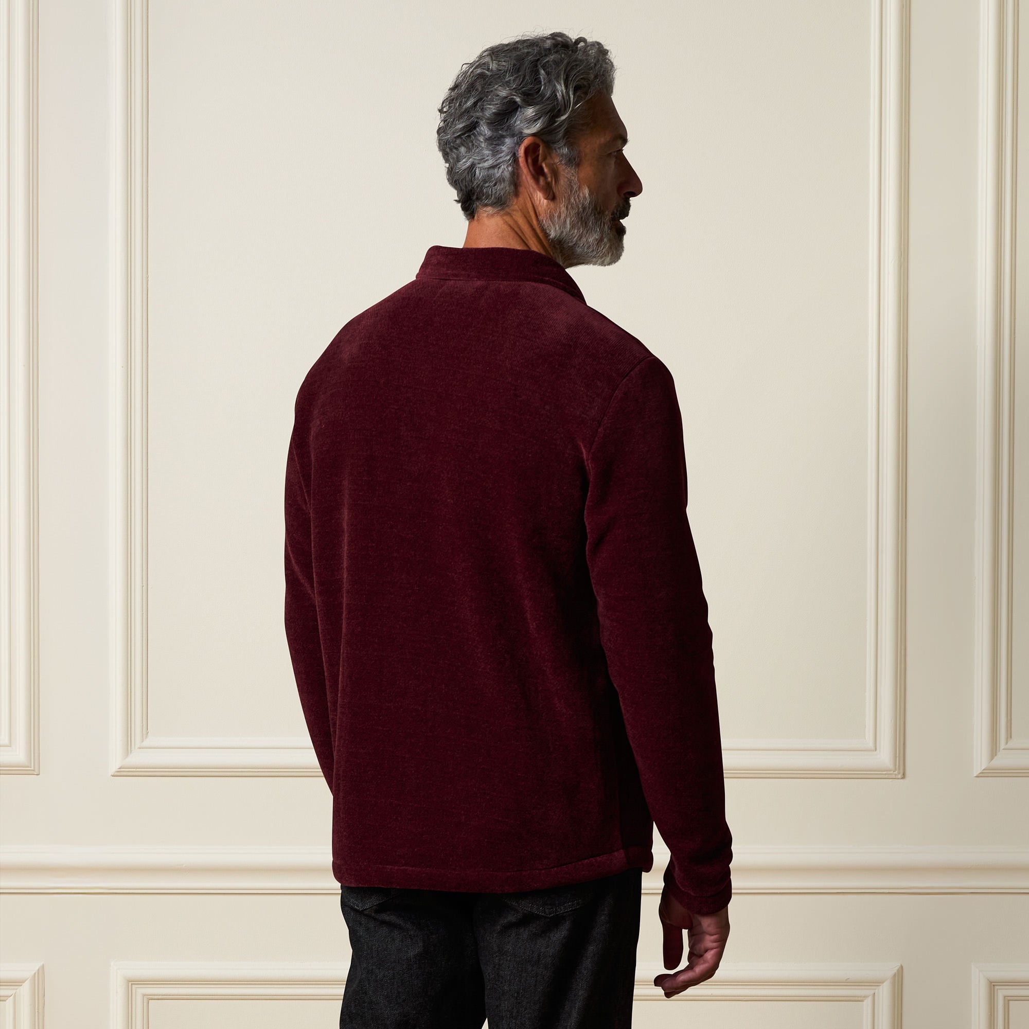 Brushed Corded Shirt Jacket in Fig shown from the back, highlighting its soft brushed corded texture and relaxed fit.
