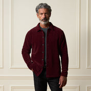 Brushed Corded Shirt Jacket in Fig worn by a model, showcasing its soft brushed corded texture and relaxed fit.