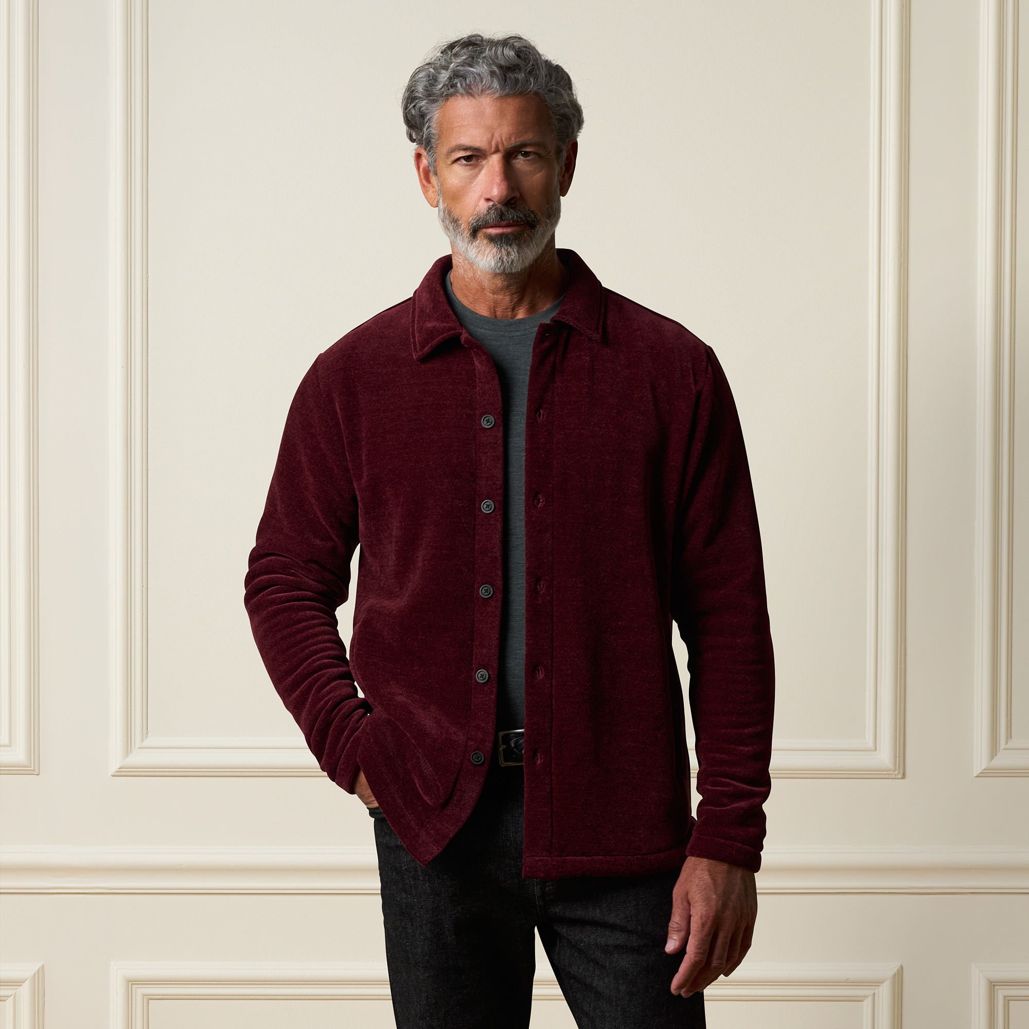 Brushed Corded Shirt Jacket in Fig worn by a model, showcasing its soft brushed corded texture and relaxed fit.
