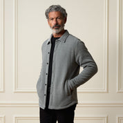 Brushed Corded Shirt Jacket in Ultimate Grey worn by a man standing against a neutral background, showcasing comfort and style.
