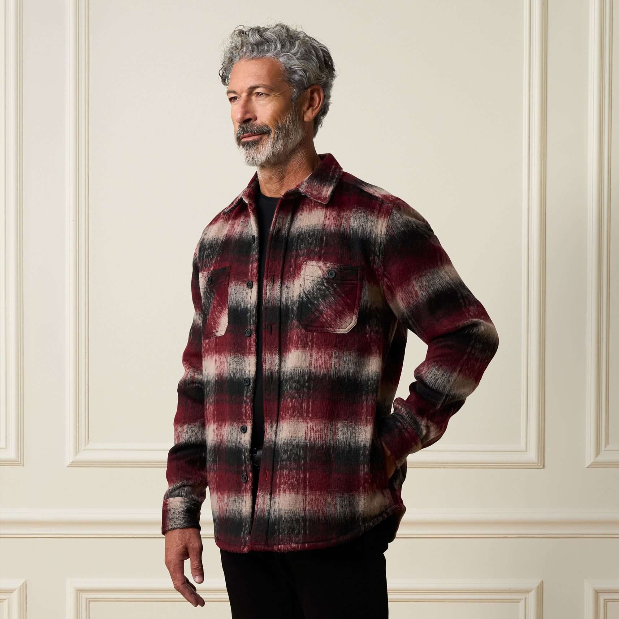 Brushed Unlined Plaid Shirt Jacket in Burgundy