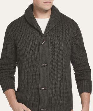Cardigan with Toggles in Carbon Heather featuring a shawl collar and wood toggle buttons, perfect for winter style.