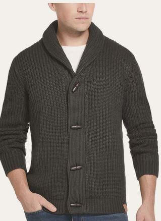 Cardigan with Toggles in Carbon Heather featuring a shawl collar and wood toggle buttons, perfect for winter style.
