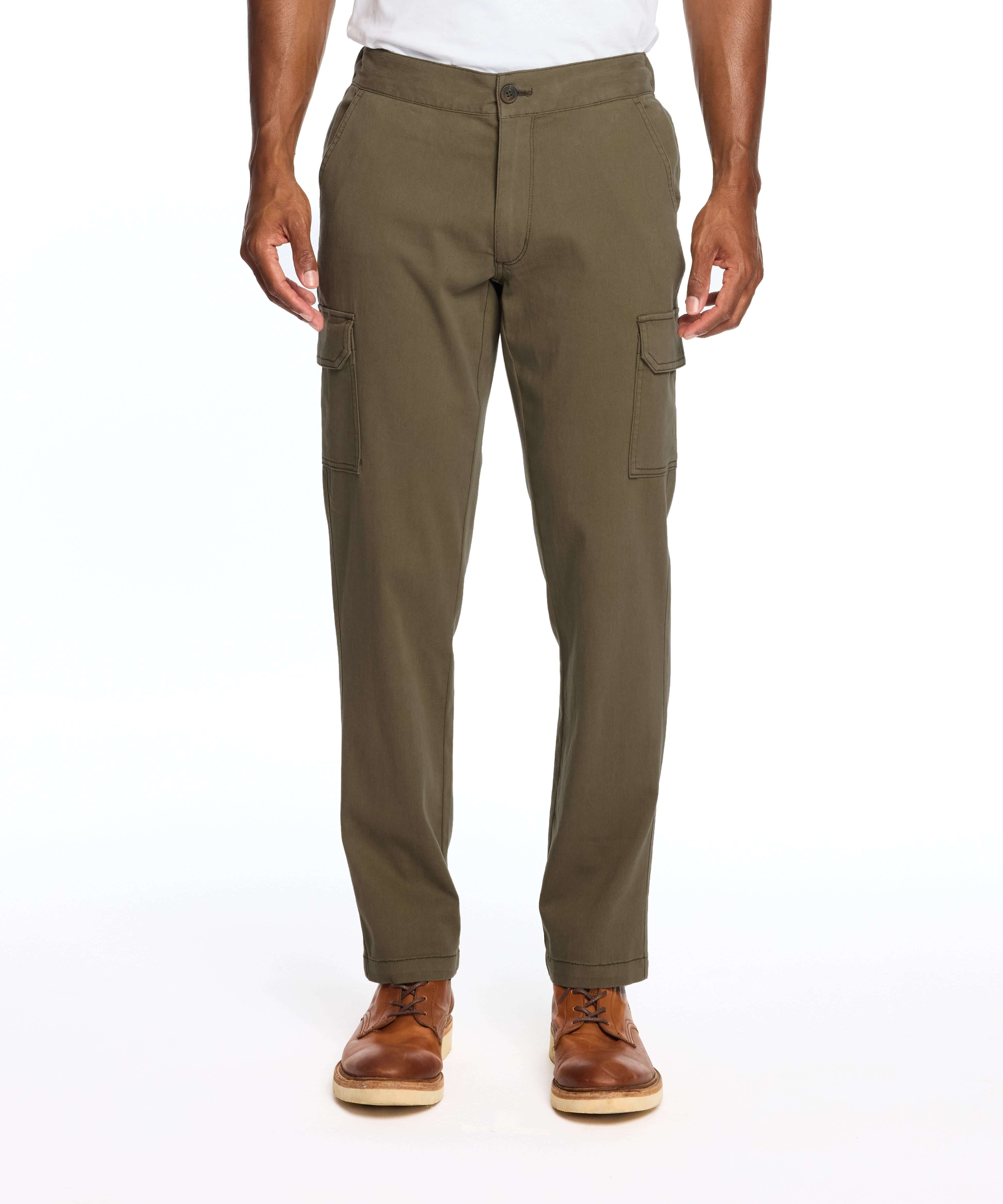 Men's cargo pants in dark olive with stretch waist for comfort and flexibility, featuring side and cargo pockets.