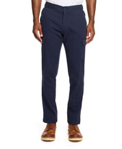 Men's navy cargo pants with stretch waist, adjustable drawcord, and side pockets for comfort and durability.