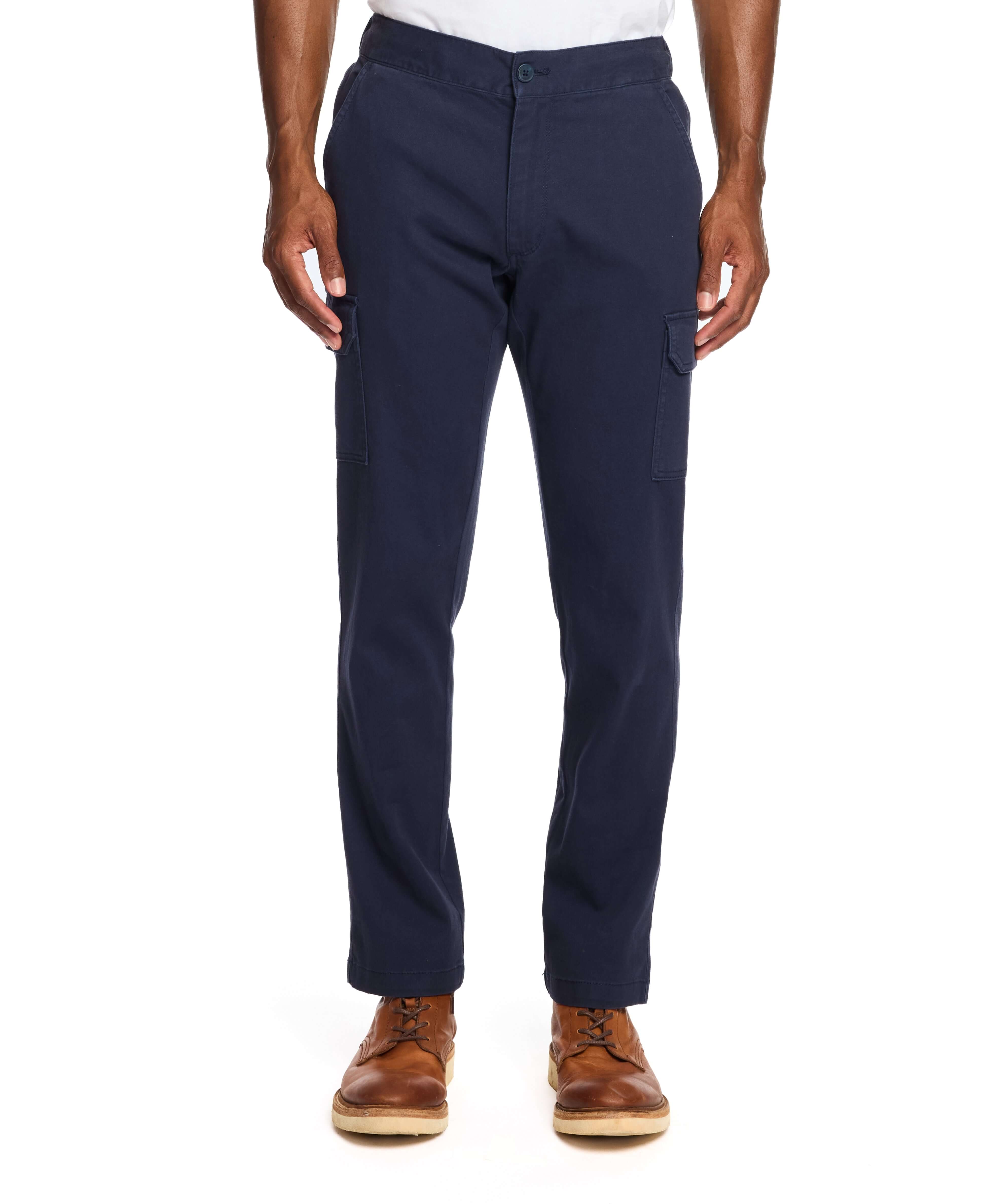 Men's navy cargo pants with stretch waist, adjustable drawcord, and side pockets for comfort and durability.