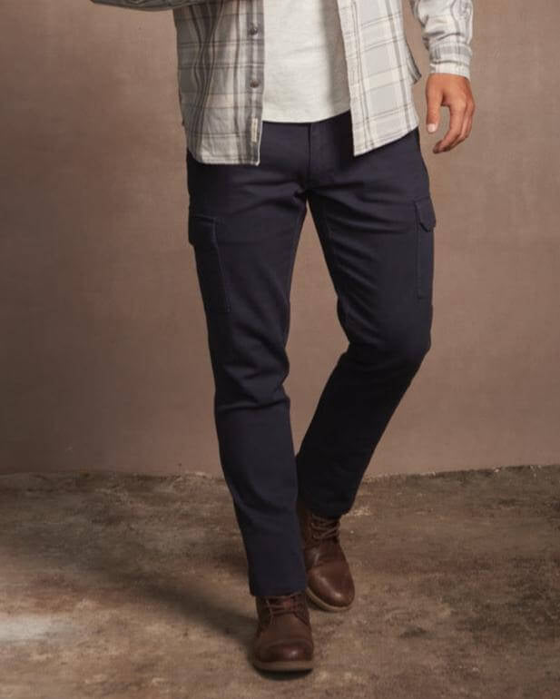 Cargo pants with stretch waist in navy, featuring adjustable drawcord and side pockets for comfort and flexibility.