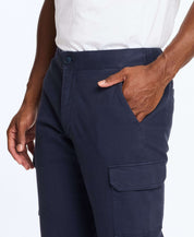 Men's navy cargo pants with stretch waist, side pockets, and leg cargo pocket for ultimate comfort and flexibility.