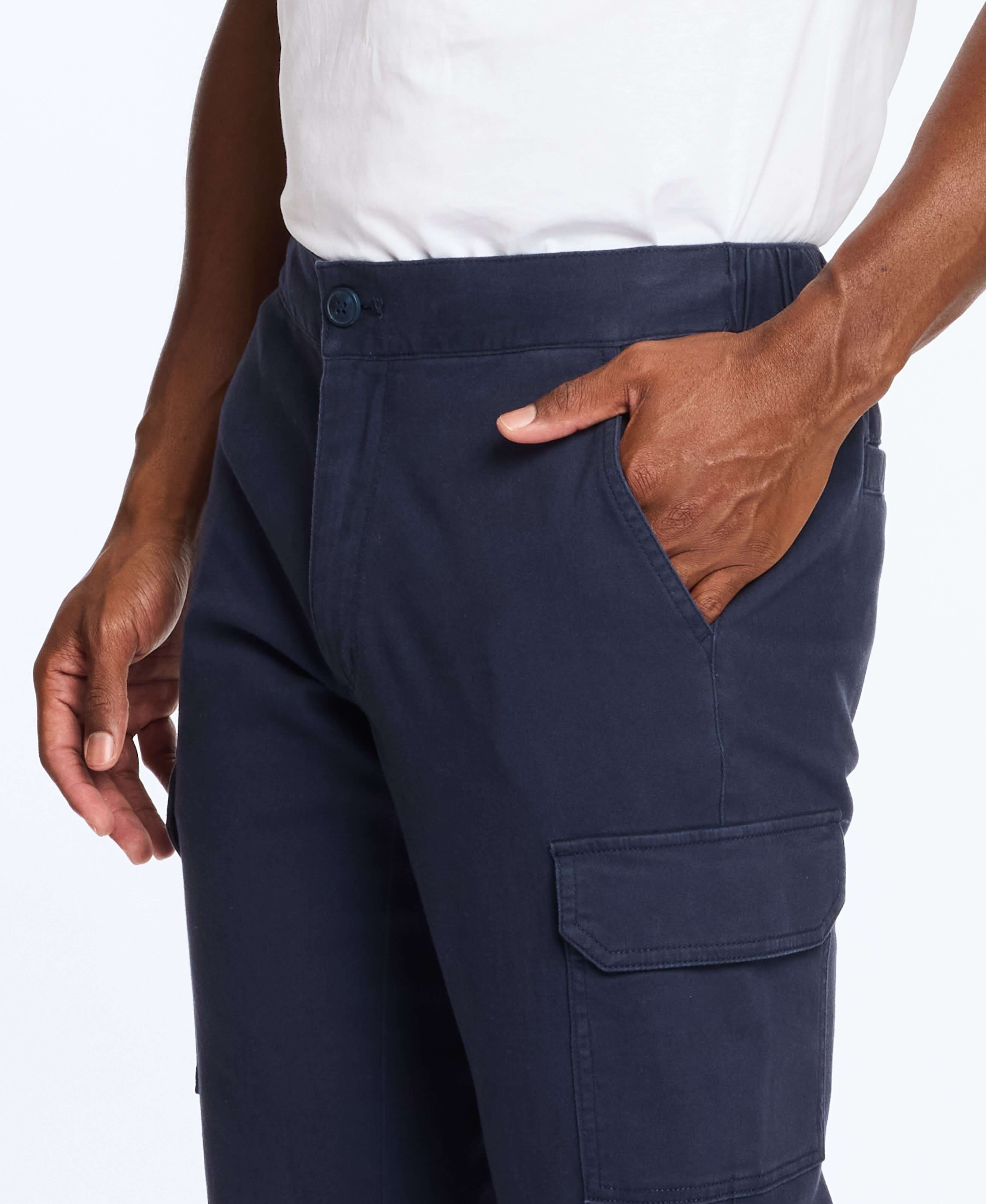 Men's navy cargo pants with stretch waist, side pockets, and leg cargo pocket for ultimate comfort and flexibility.