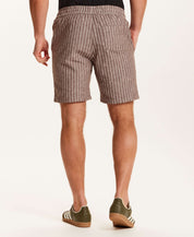 Chambray Stripe Drawstring Short in Brown Stripe featuring clean vertical stripes and an elastic waistband.