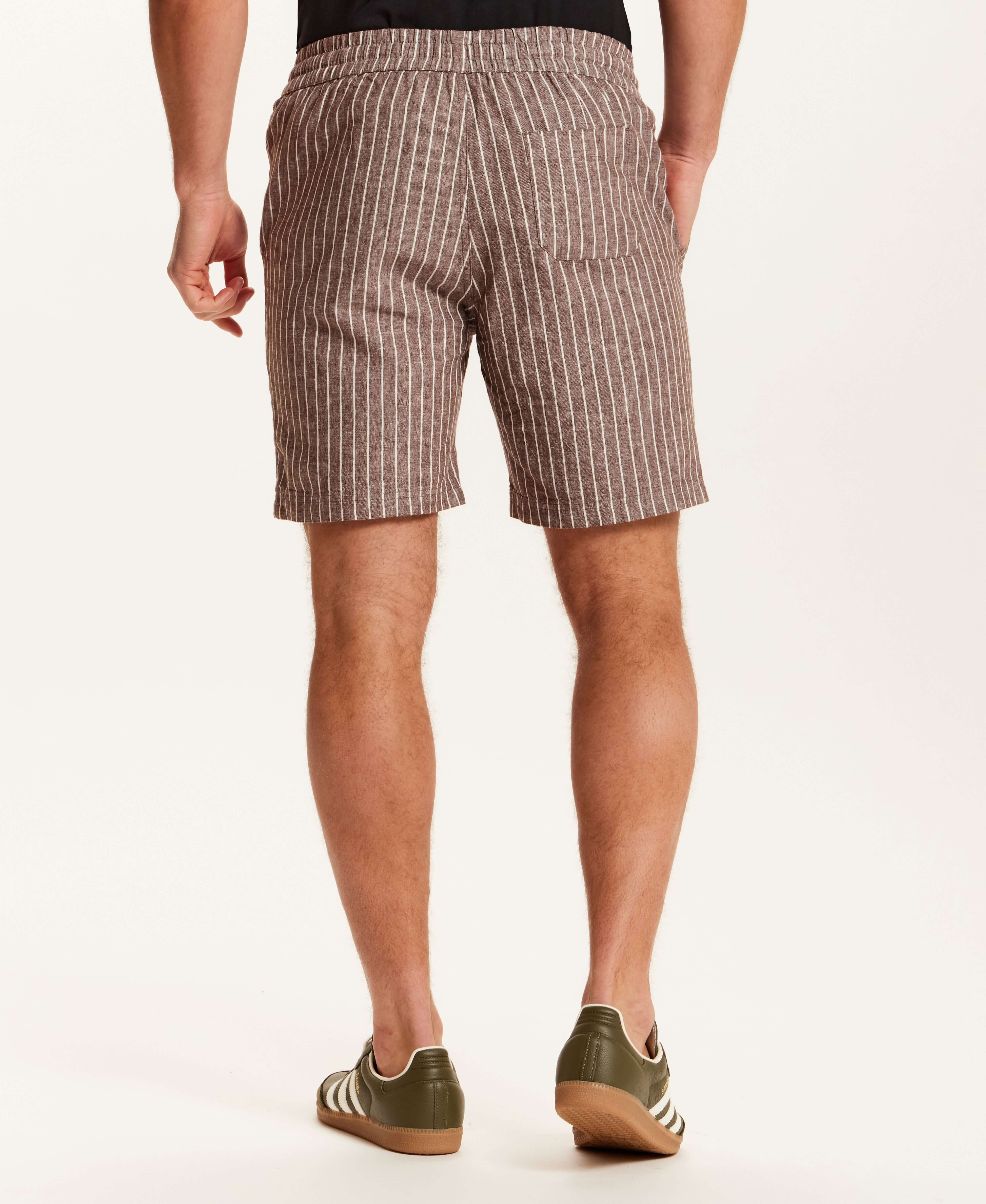 Chambray Stripe Drawstring Short in Brown Stripe featuring clean vertical stripes and an elastic waistband.