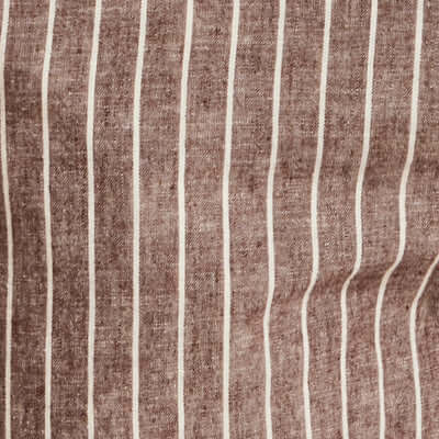 Chambray Stripe Drawstring Short in Brown Stripe fabric close-up featuring lightweight brown linen-cotton with vertical stripes.