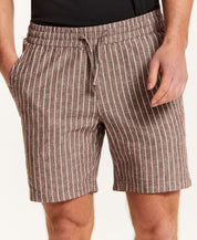 Chambray Stripe Drawstring Short in Brown Stripe, featuring a lightweight linen-cotton blend with vertical stripes and side pockets.