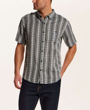 Embroidered Floral Stripe Shirt in Grey, featuring a charcoal base with vertical floral stripes and short sleeves.