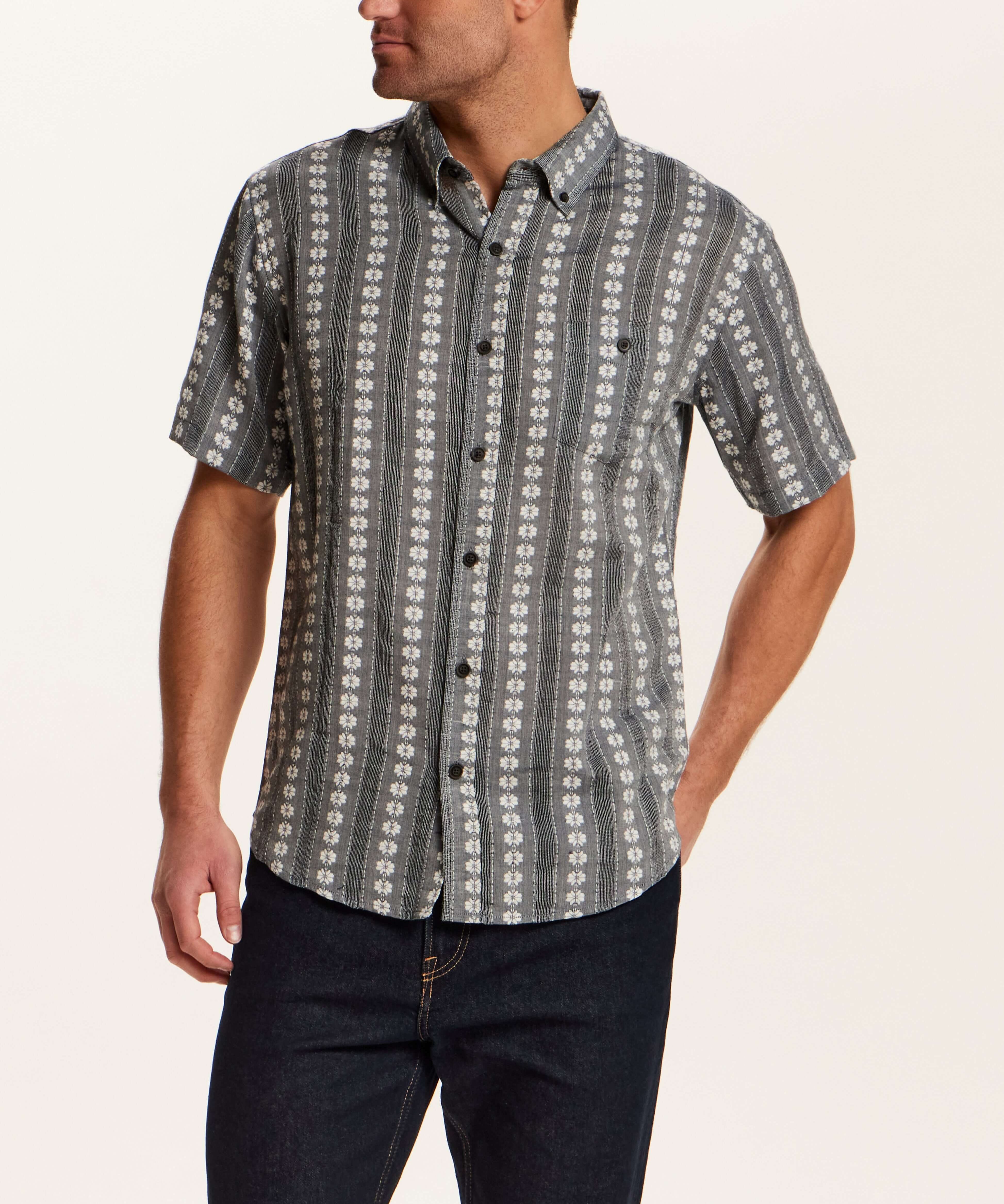 Embroidered Floral Stripe Shirt in Grey, featuring a charcoal base with vertical floral stripes and short sleeves.