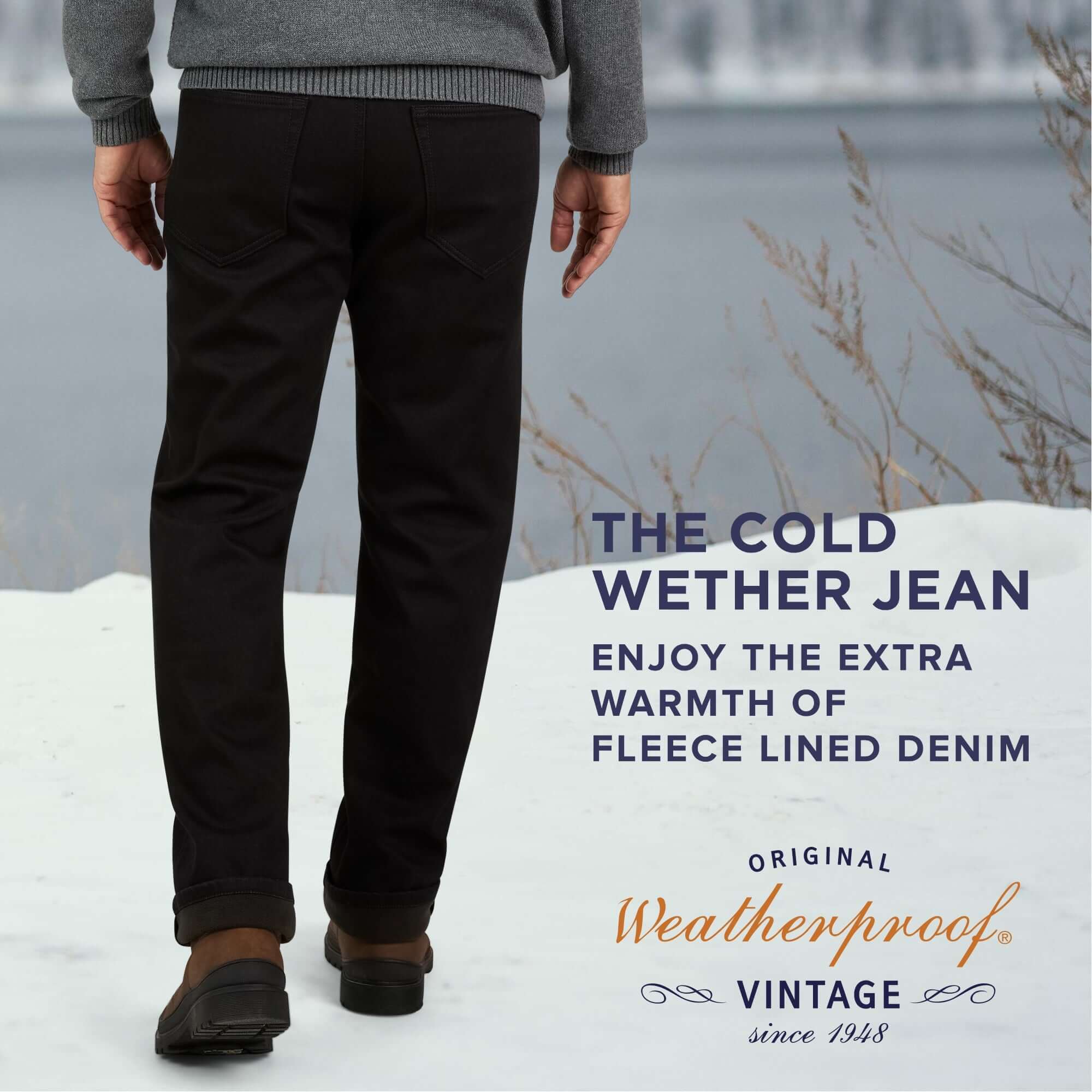 Man wearing fleece lined jeans by Weatherproof in a winter setting, showcasing warmth and comfort for cold weather.