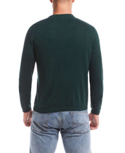 Back view of a lightweight cotton cashmere holiday v-neck sweater in pine, perfect for casual comfort.