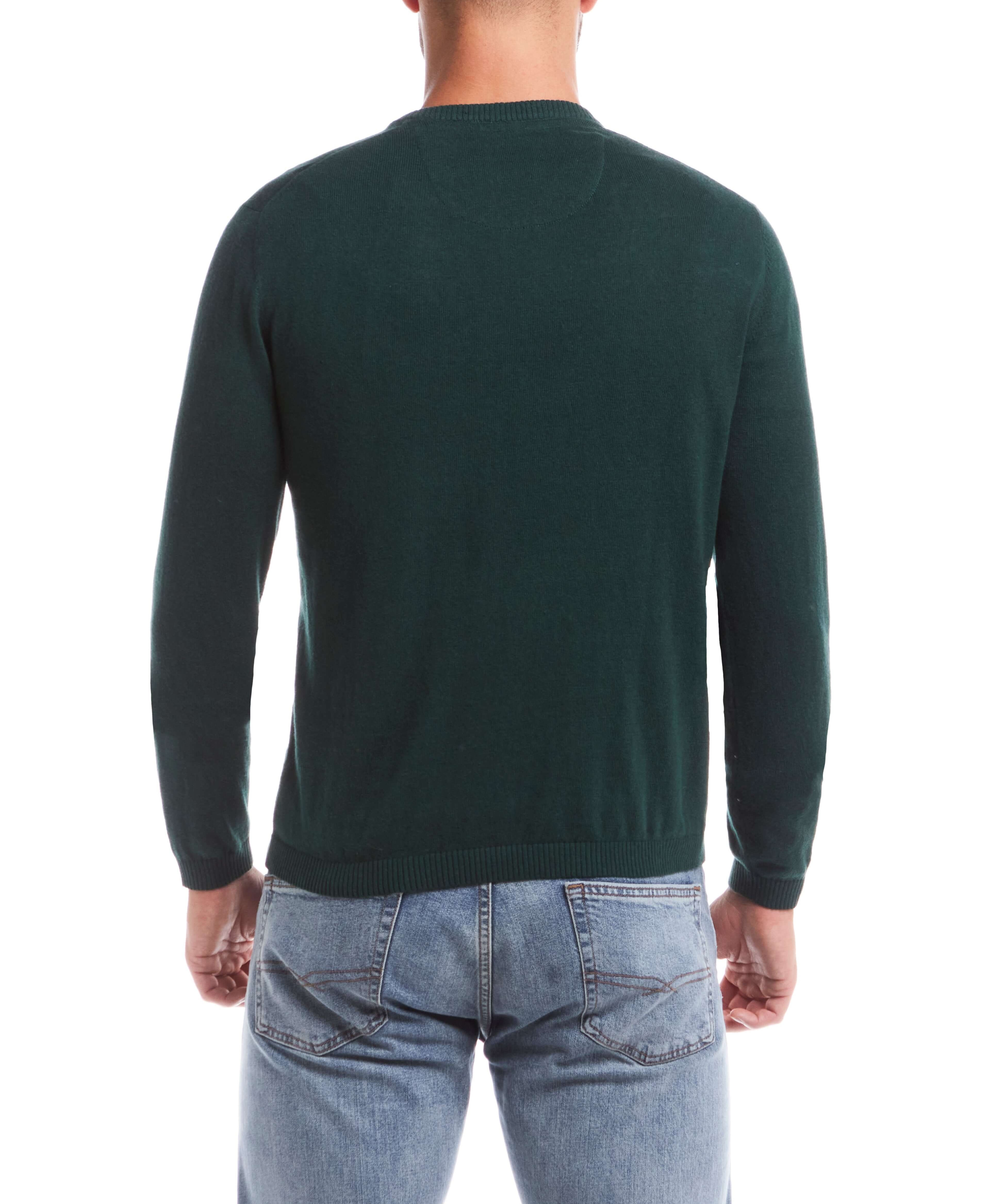 Back view of a lightweight cotton cashmere holiday v-neck sweater in pine, perfect for casual comfort.