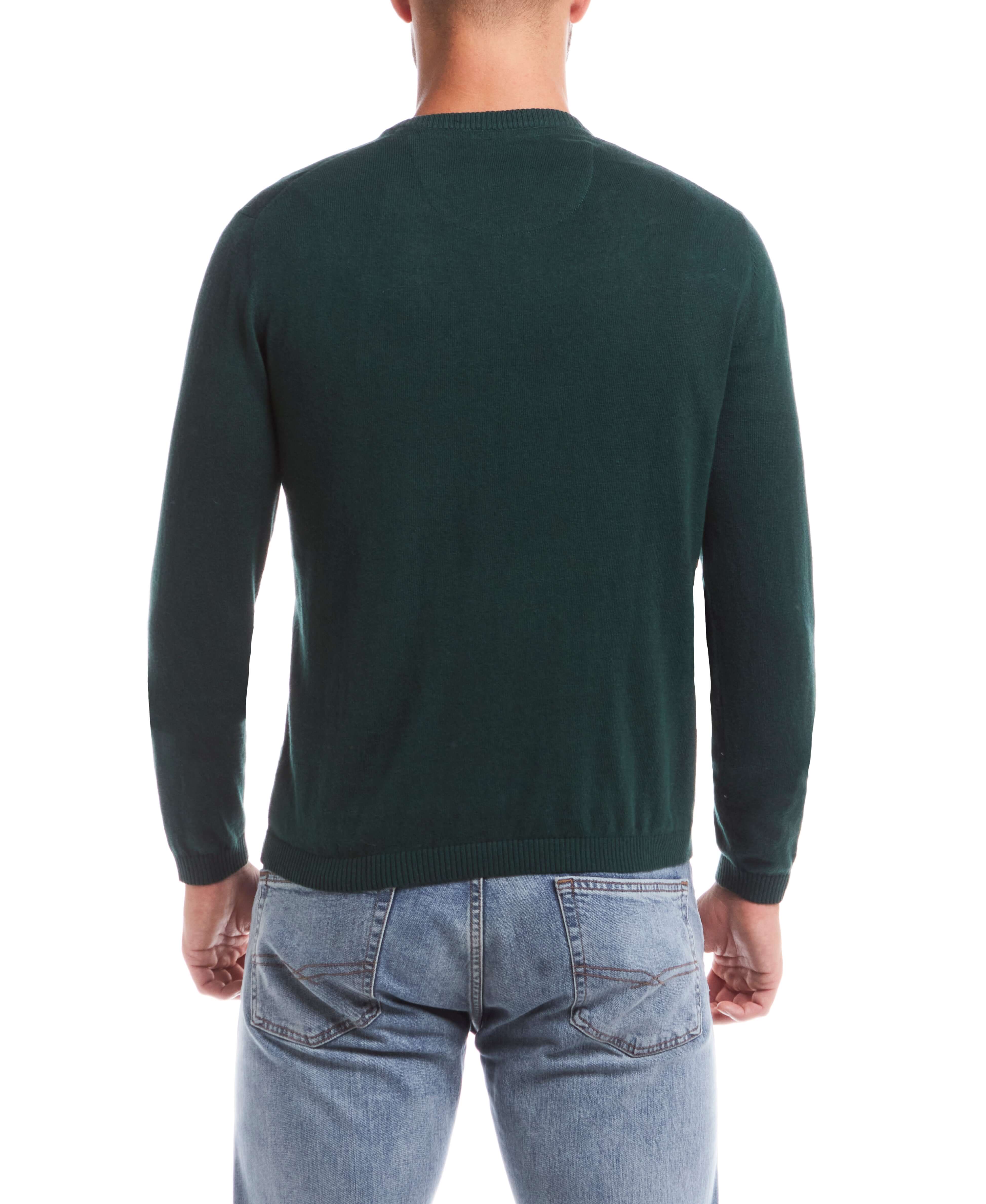 Back view of a lightweight cotton cashmere holiday v-neck sweater in pine, perfect for casual comfort.