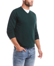 Men's cotton cashmere holiday v-neck sweater in pine, featuring a lightweight and soft blend for comfort and style.