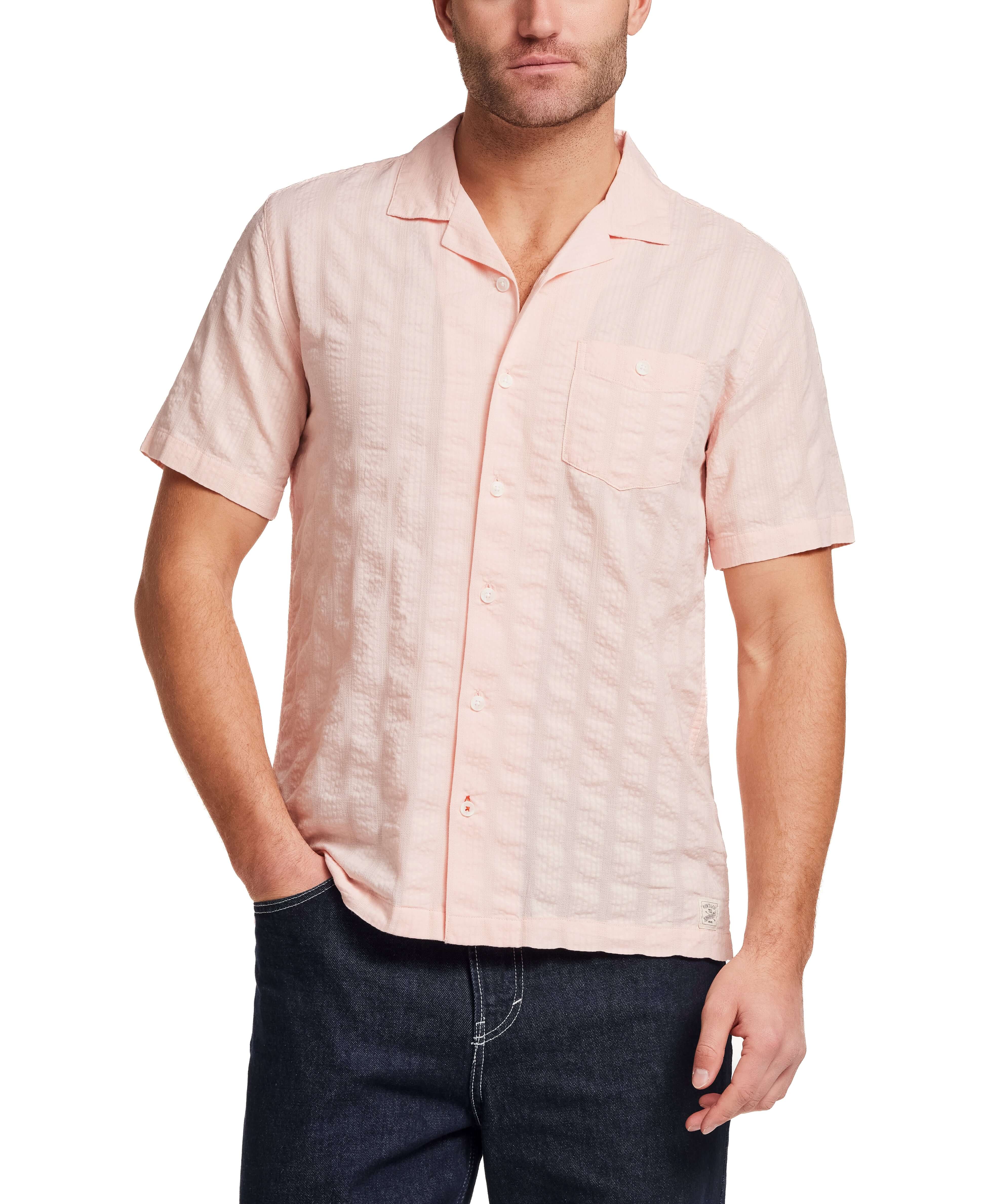 Cotton Dobby Seersucker Shirt in Chintz Rose worn by a model, featuring a camp collar and short sleeves.