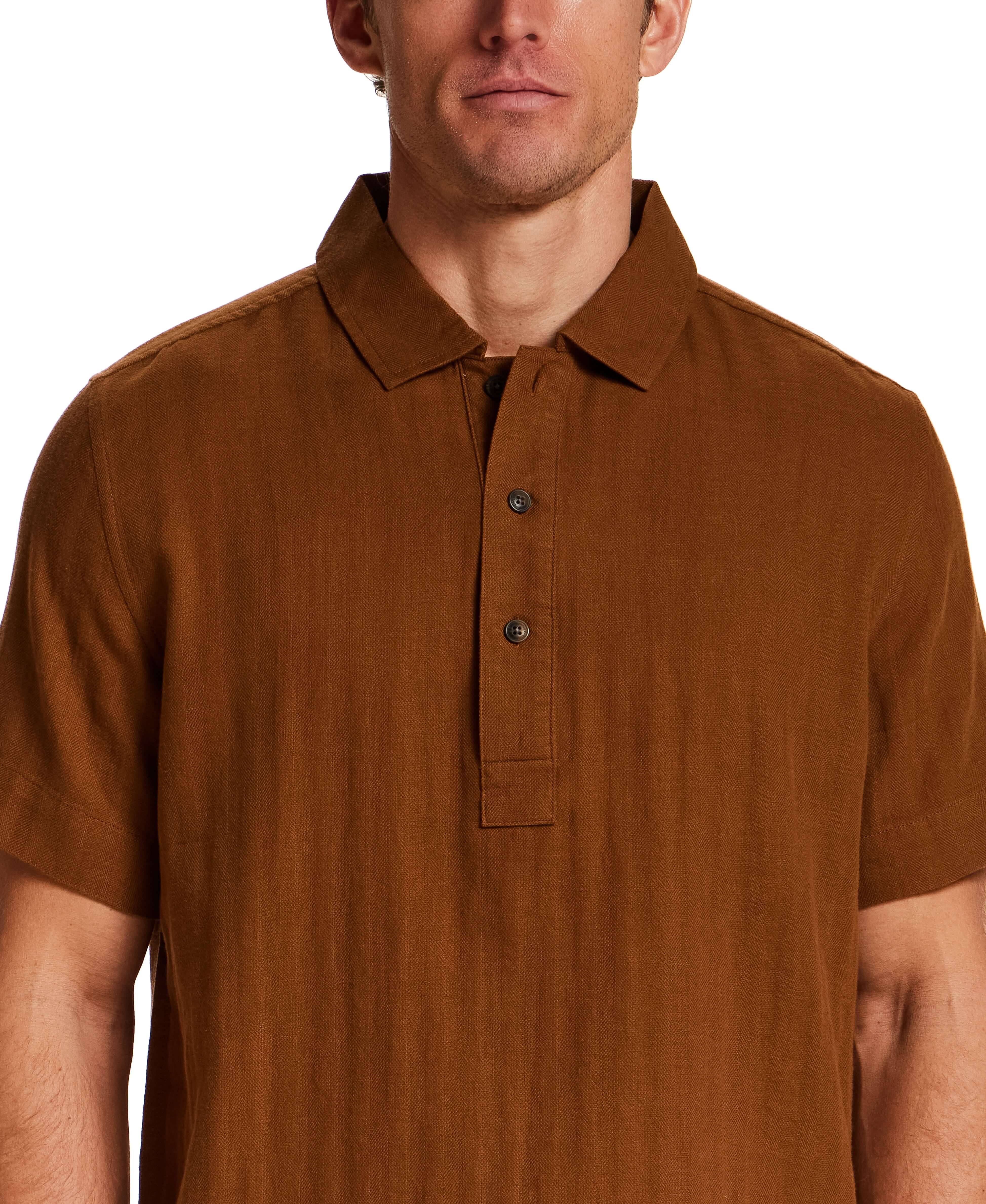 Cotton Gauze Herringbone Polo in Retro Brown - short-sleeve breathable textured cotton with three-button placket.