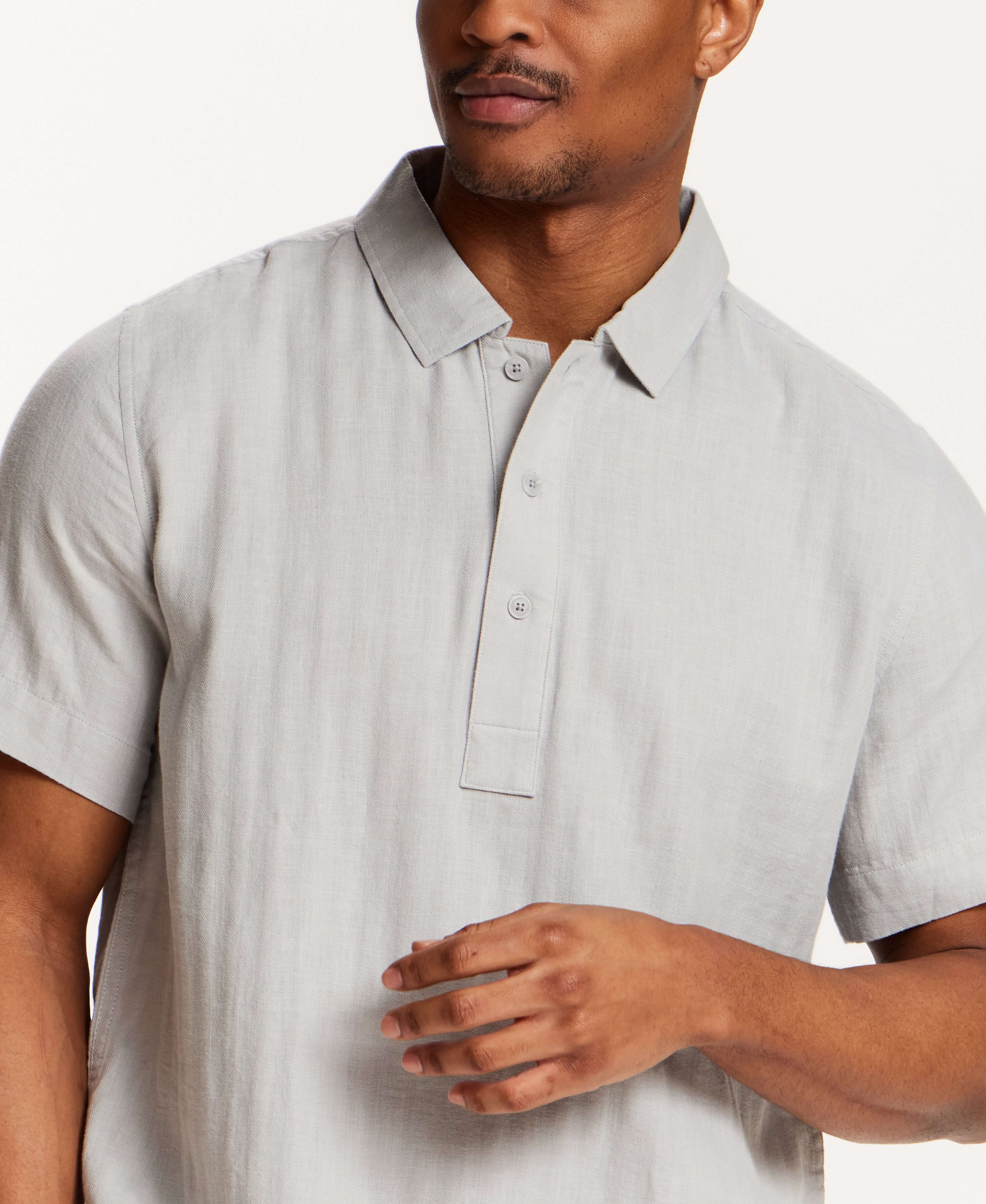 Cotton Gauze Herringbone Polo in Vapor Grey worn by a man, showcasing texture and three-button placket.