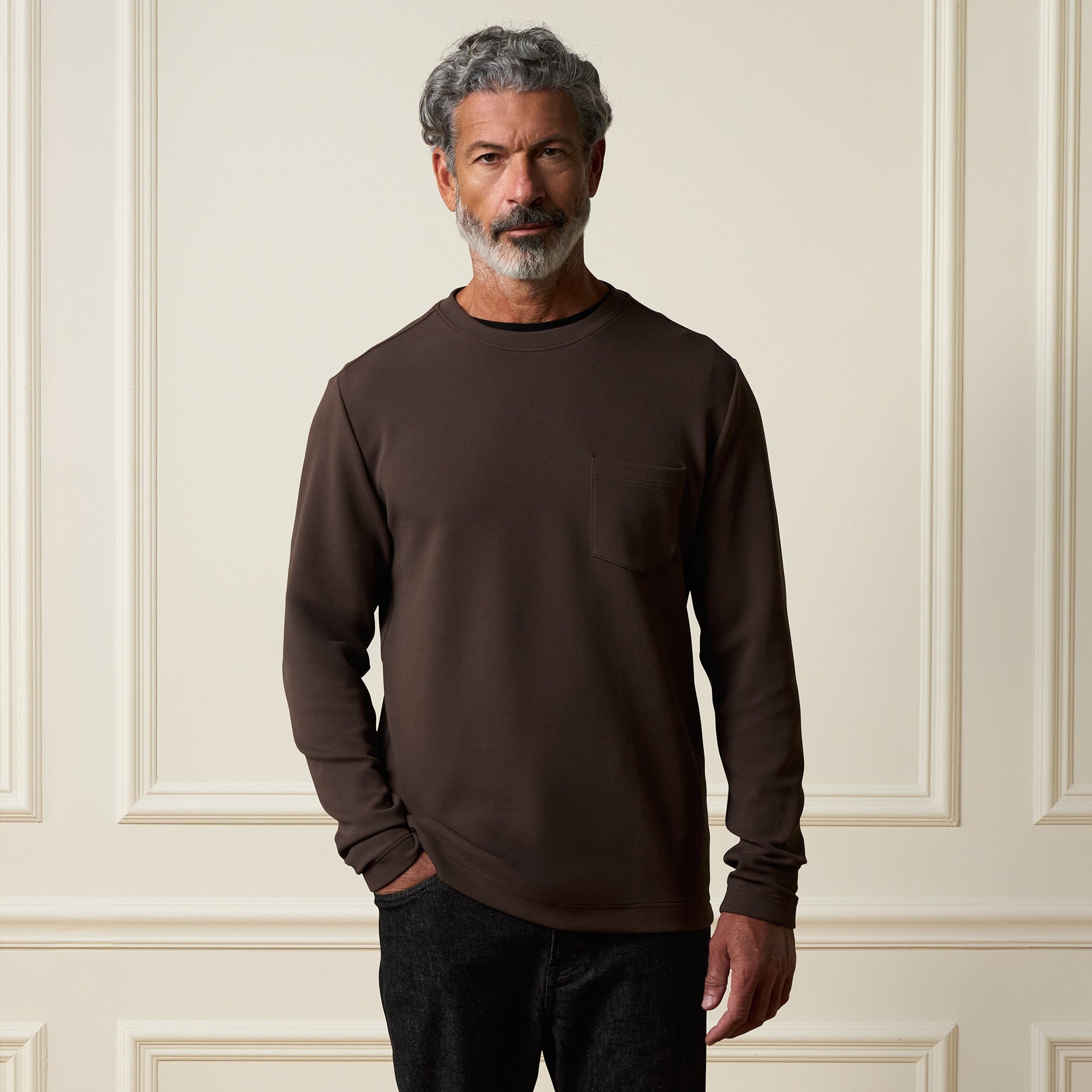 Crinkle Scuba Crew Neck in Brown, long sleeve crew neck made from soft scuba knit fabric.